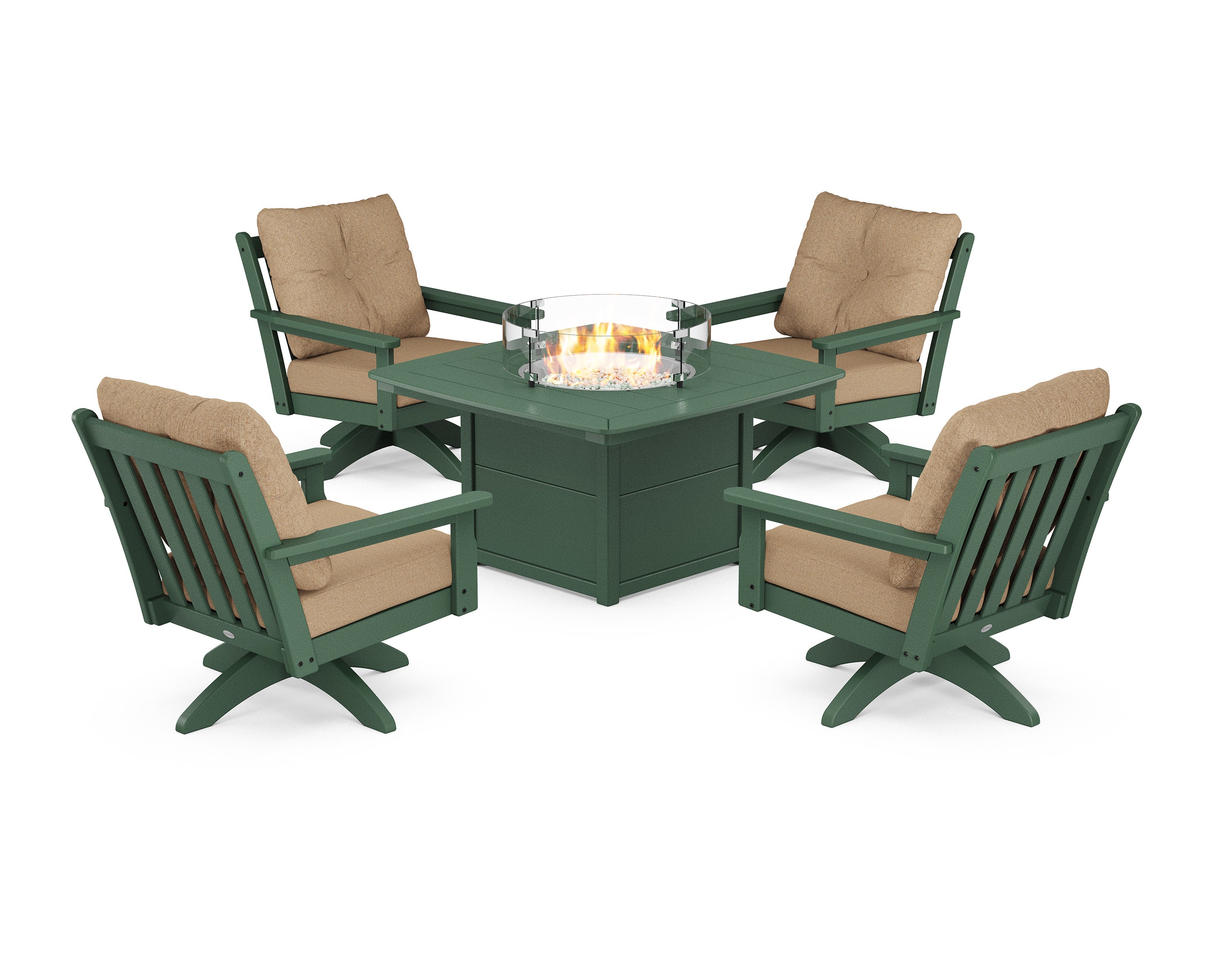 Vineyard 5-Piece Deep Seating Swivel Conversation Set with Fire Pit Table in Green / Sesame