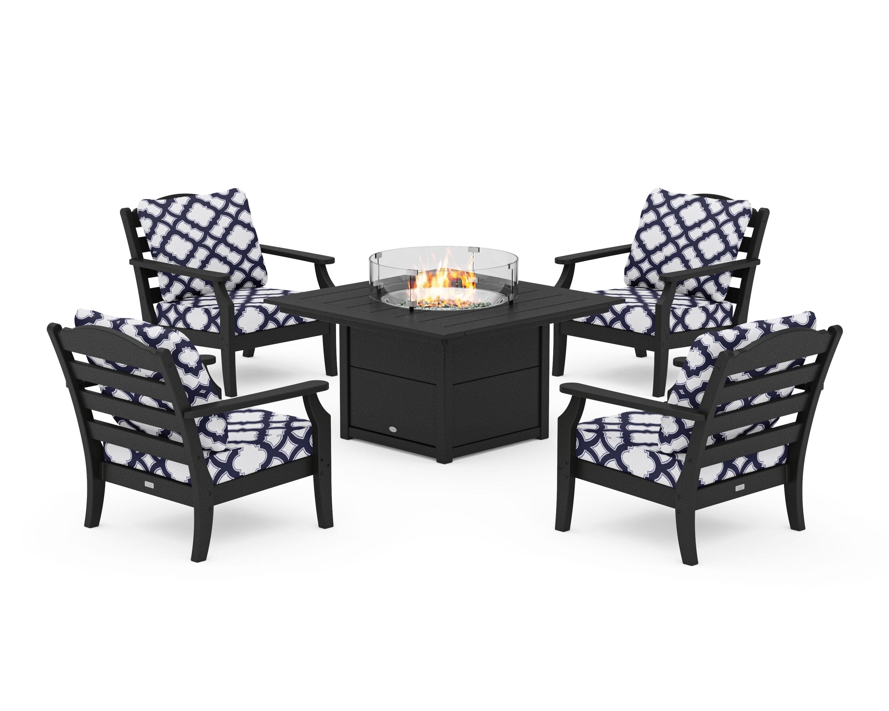 Savannah 5-Piece Deep Seating Set with Fire Pit Table in Black / Trellis Navy