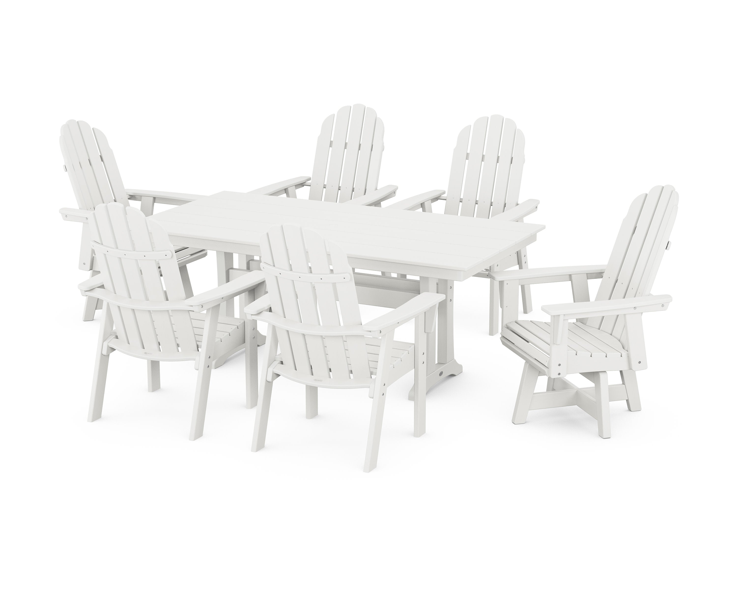 Vineyard Curveback Adirondack Swivel Chair 7-Piece Farmhouse Dining Set with Trestle Legs in Vintage White