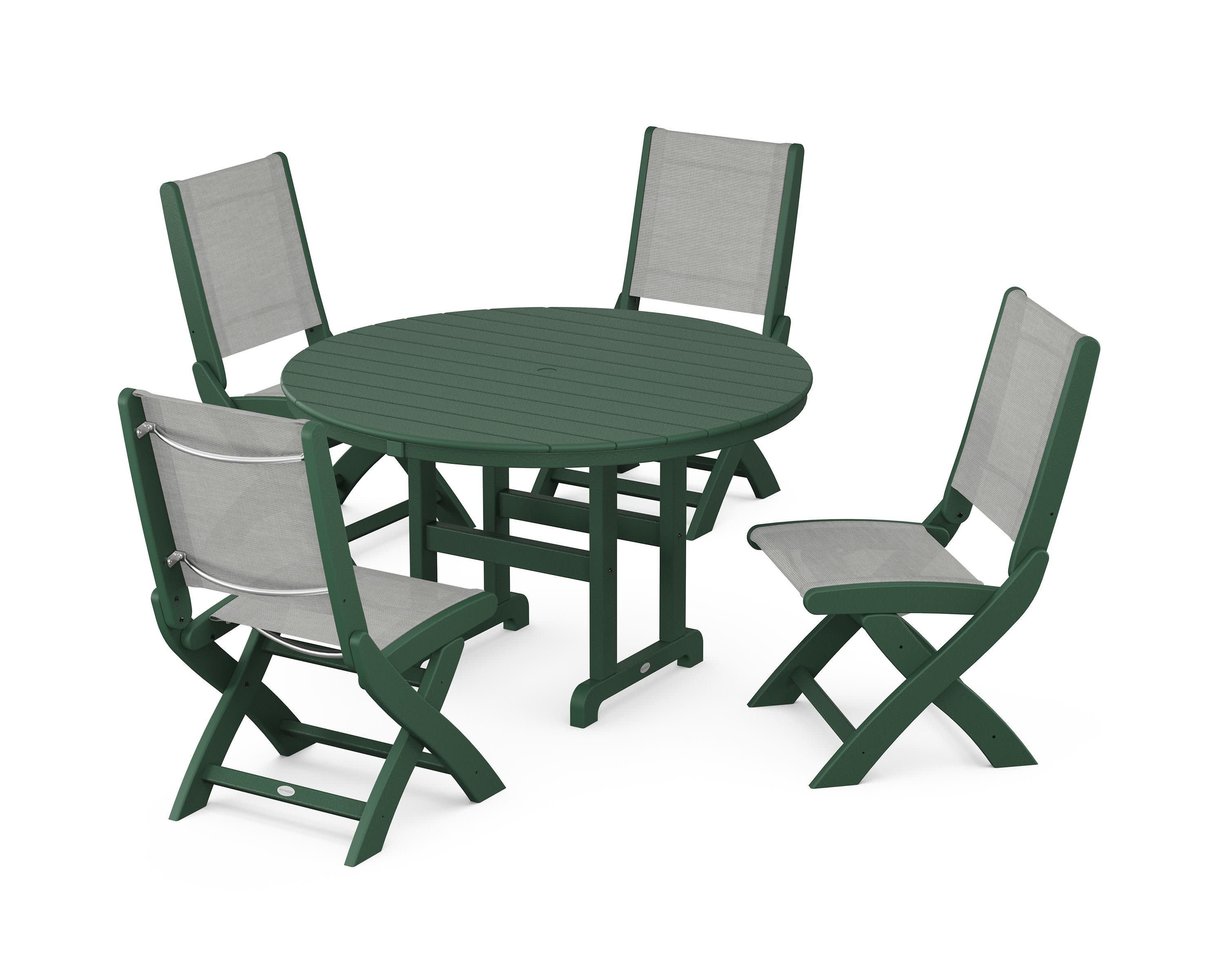 Coastal Folding Side Chair 5-Piece Round Dining Set in Green / Metallic Sling