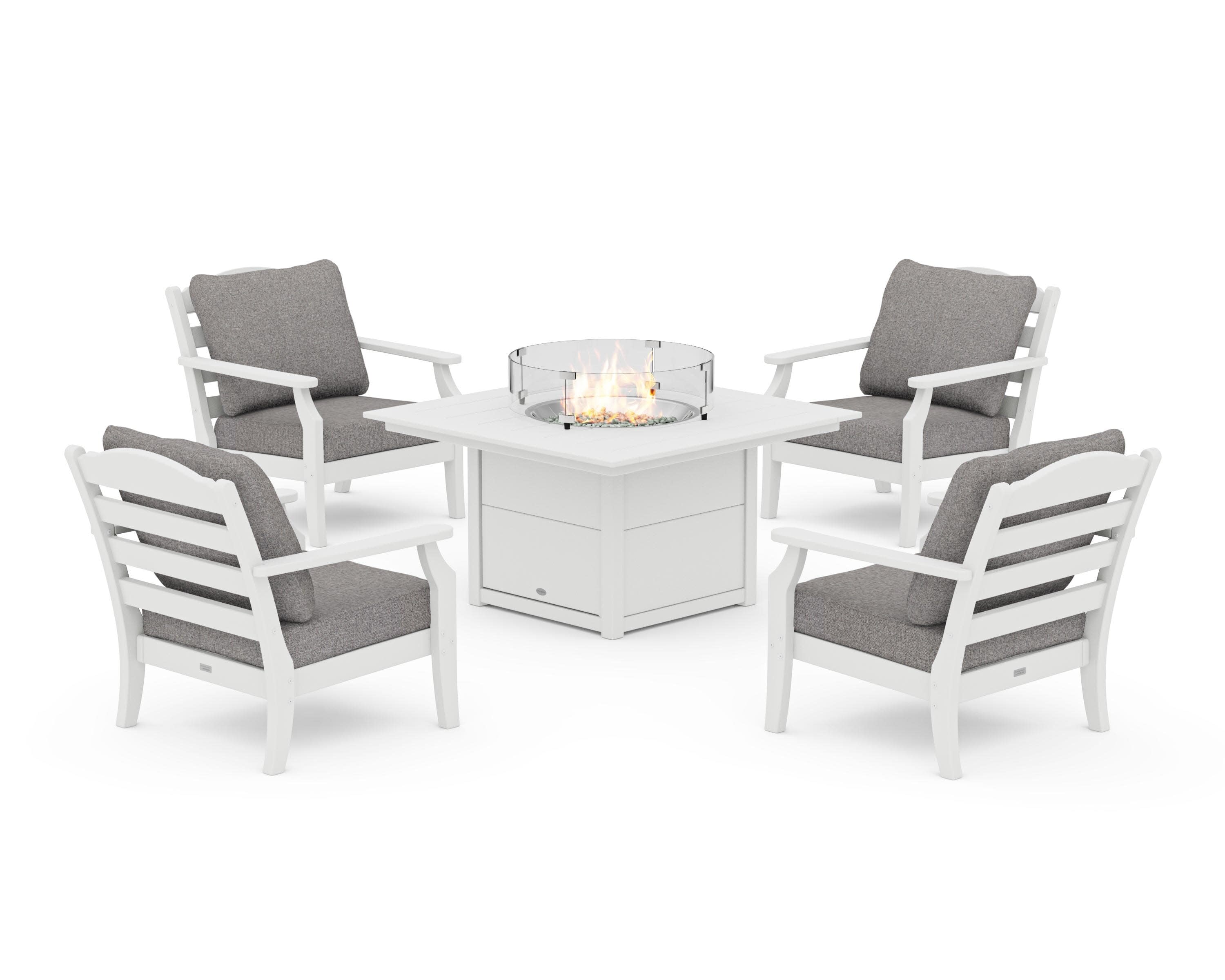 Savannah 5-Piece Deep Seating Set with Fire Pit Table in White / Grey Mist