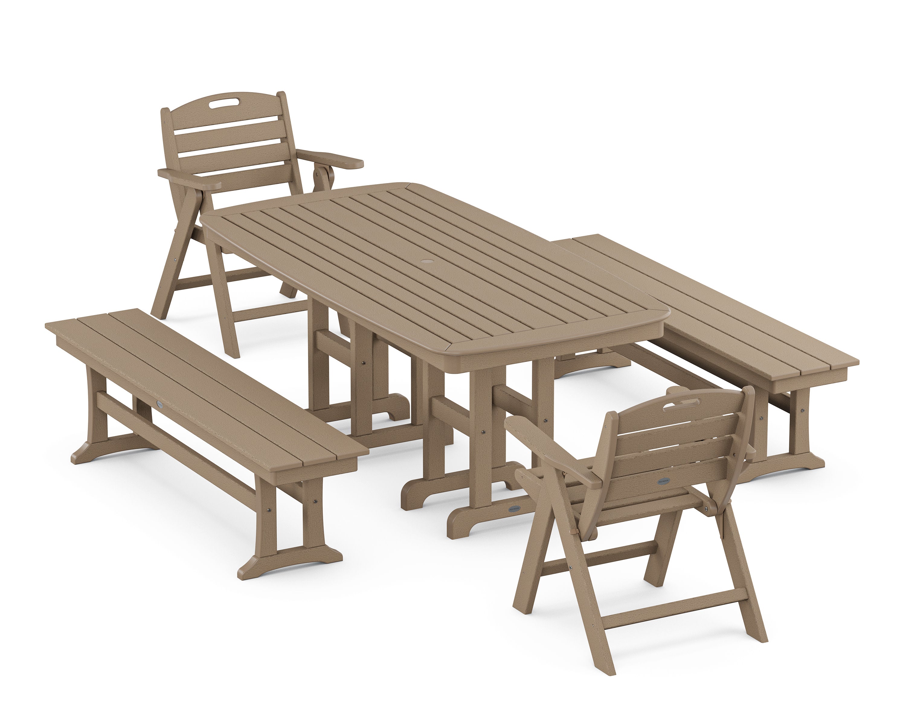 Nautical Lowback 5-Piece Dining Set with Benches in Vintage Sahara