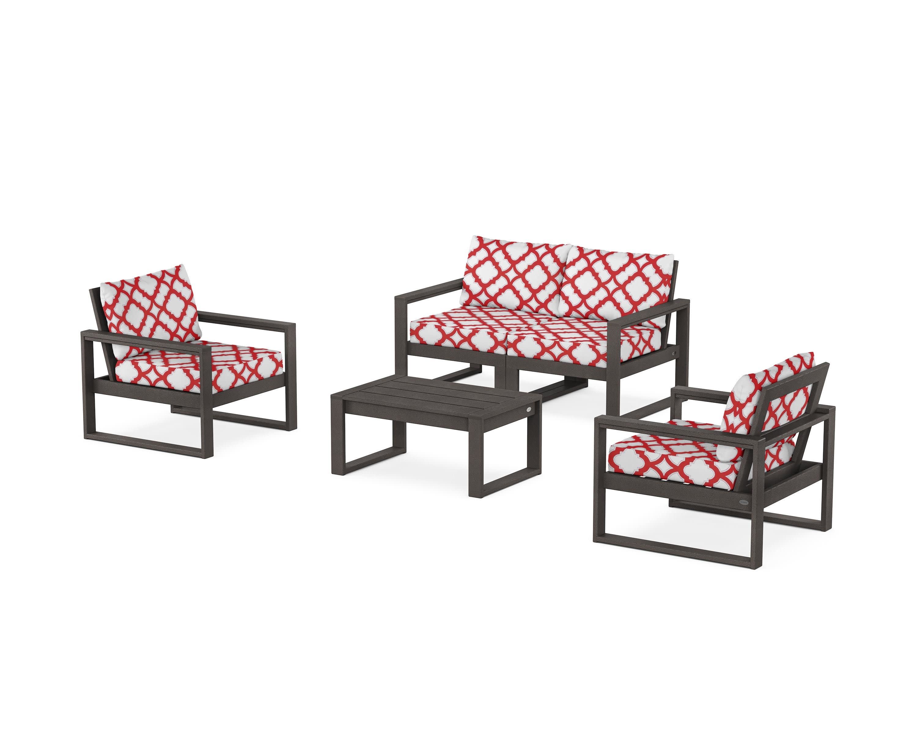 EDGE Sectional 4-Piece Deep Seating Set with Loveseat in Vintage Coffee / Trellis Crimson
