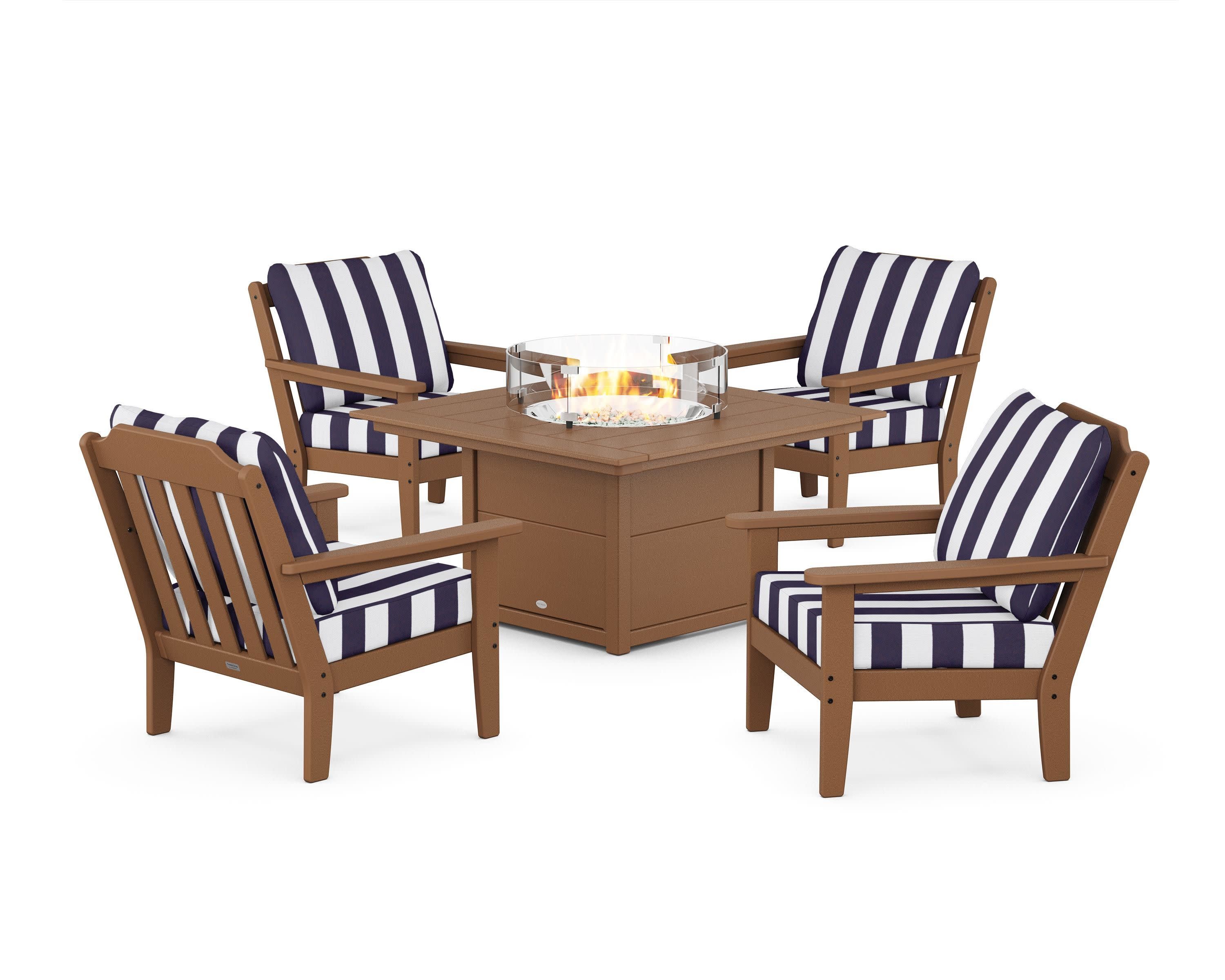 Cottage 5-Piece Deep Seating Set with Fire Pit Table in Teak / Cabana Stripe Navy