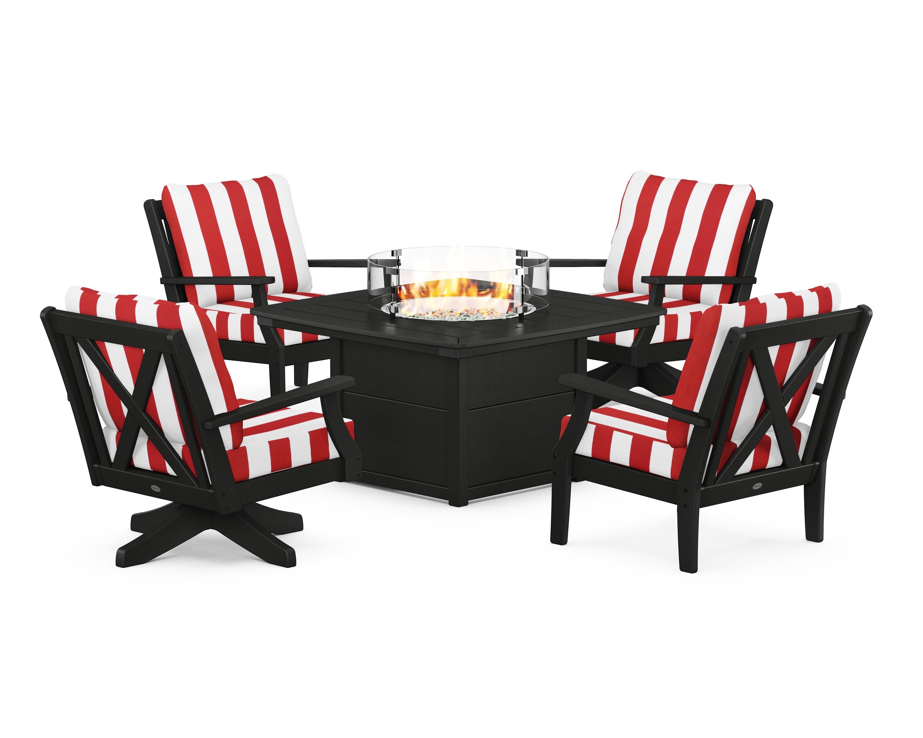 Braxton 5-Piece Deep Seating Set with Fire Table in Black / Cabana Stripe Crimson
