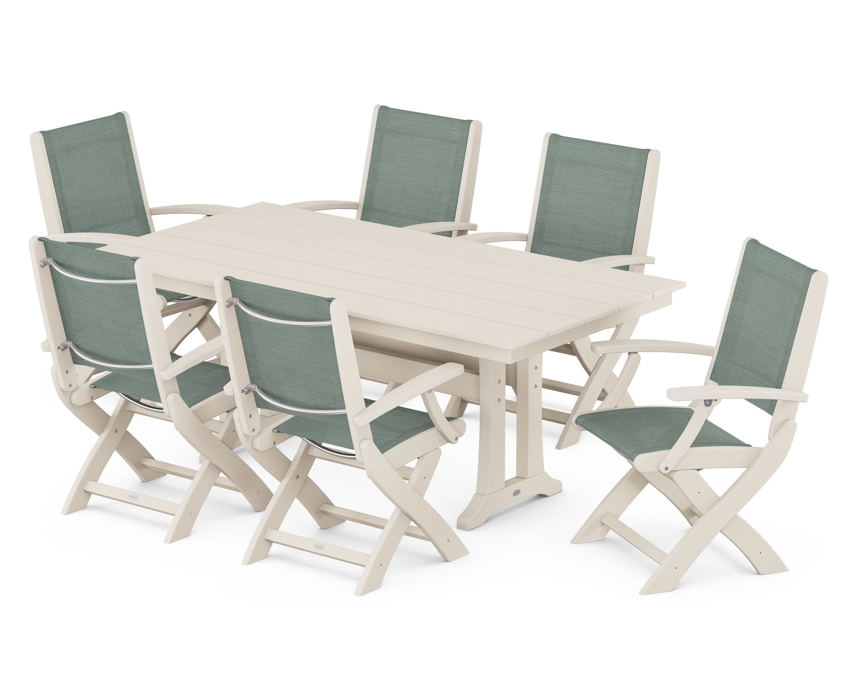 Coastal Folding Arm Chair 7-Piece Farmhouse Dining Set with Trestle Legs in Sand / Dupioni Sea Mist Sling