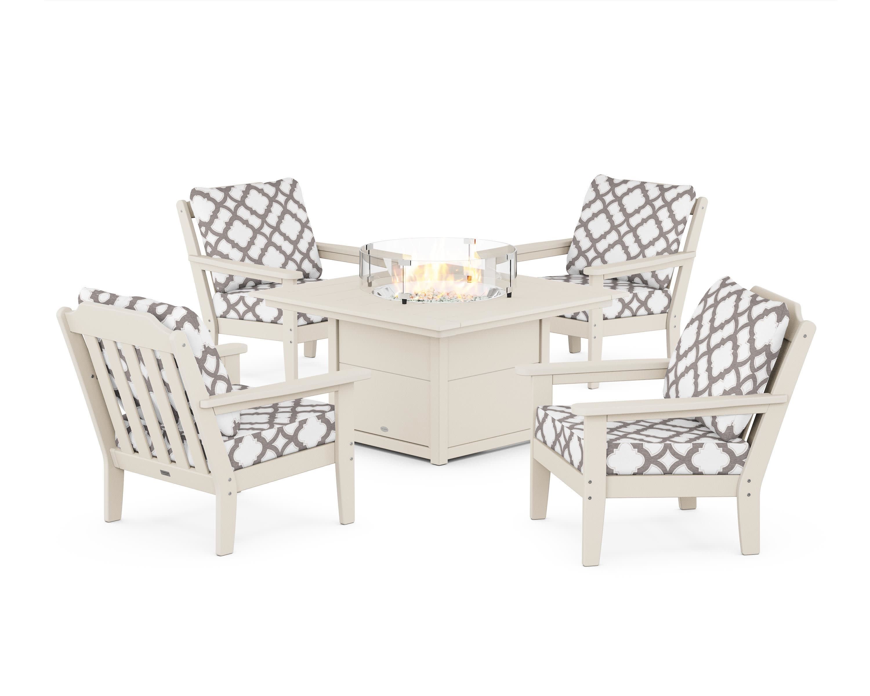 Cottage 5-Piece Deep Seating Set with Fire Pit Table in Sand / Trellis Grey Mist