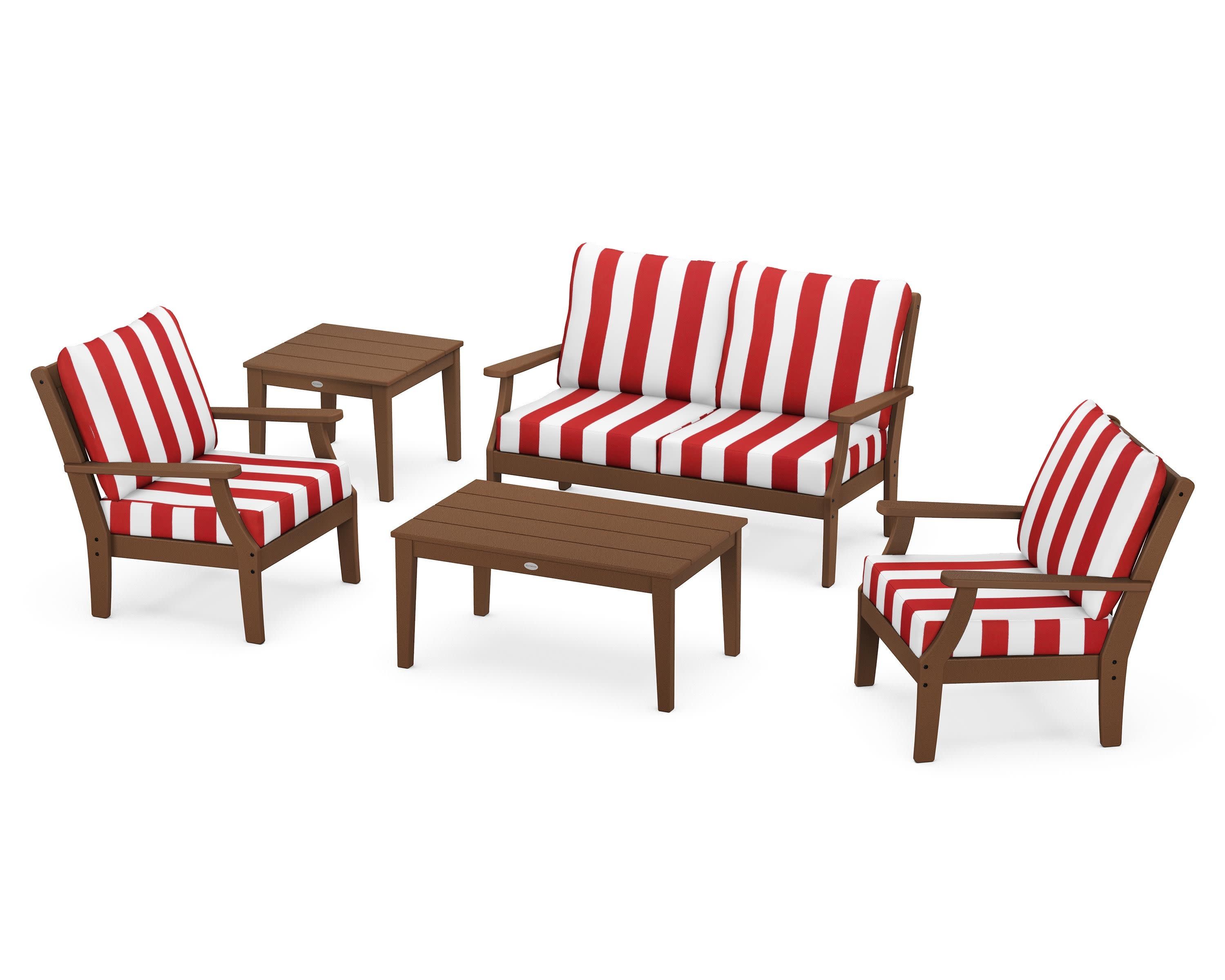 Braxton 5-Piece Deep Seating Set in Teak / Cabana Stripe Crimson