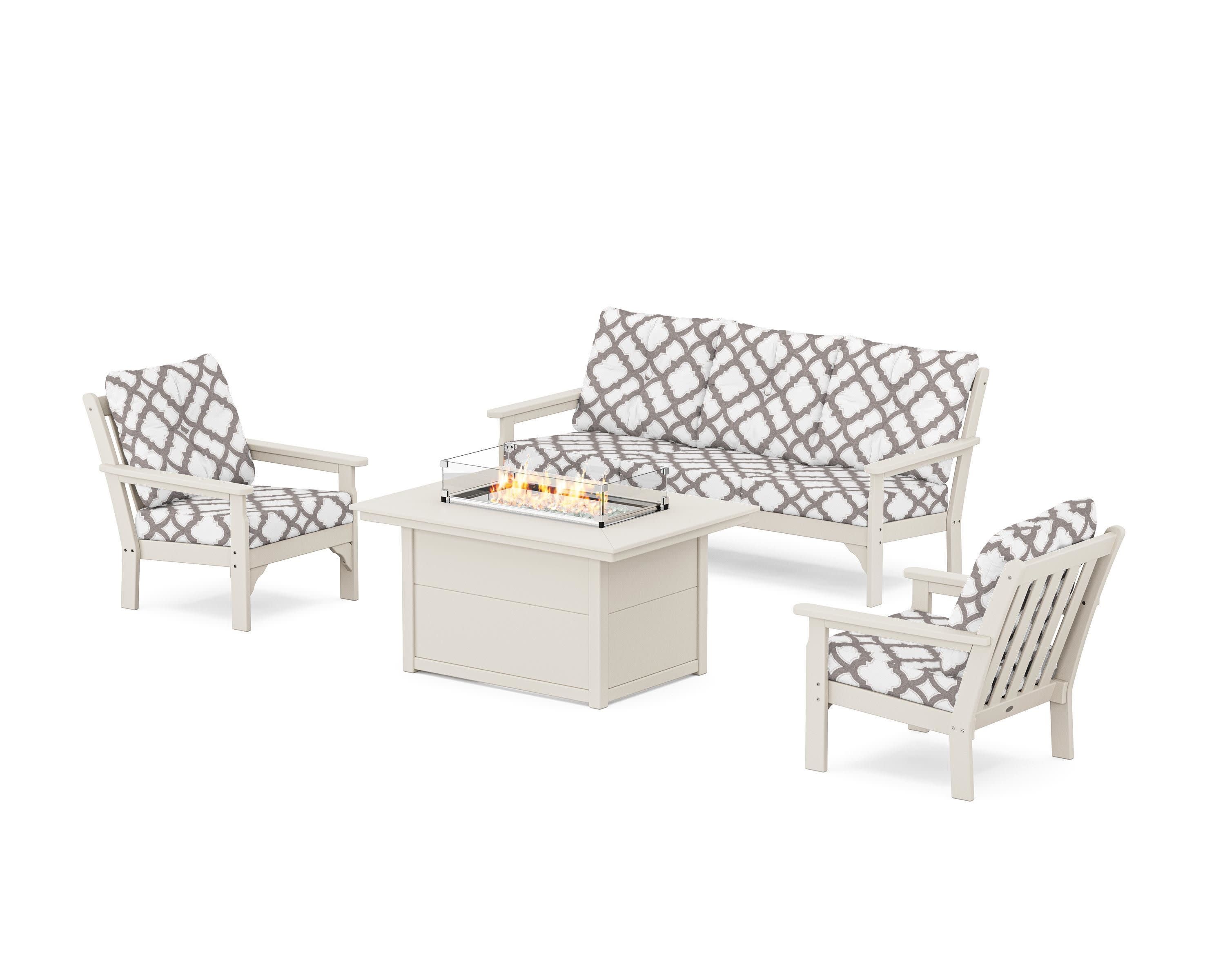 Vineyard Deep Seating Fire Pit Table Set in Sand / Trellis Grey Mist