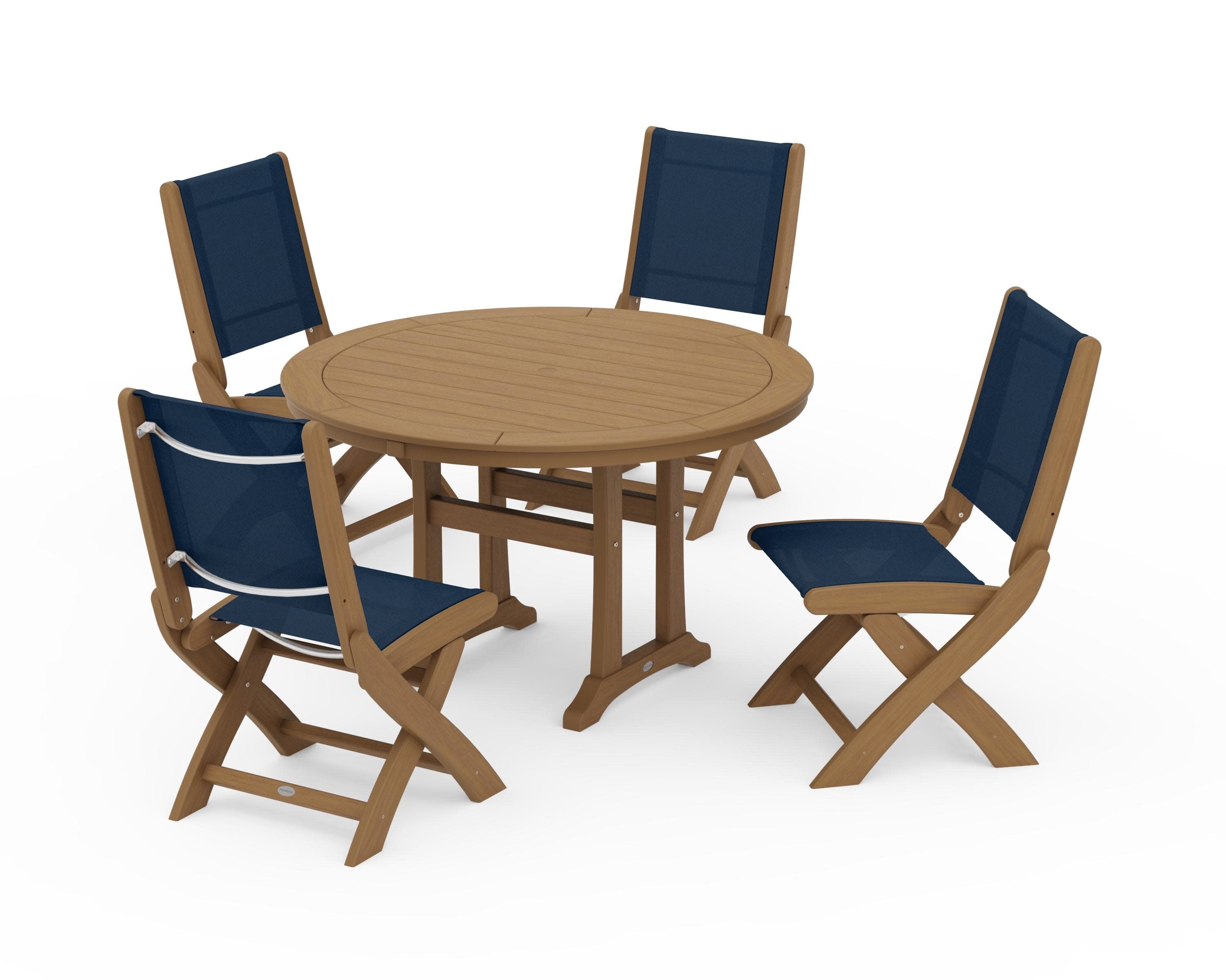 Coastal Folding Side Chair 5-Piece Round Dining Set With Trestle Legs in Natural / Navy Blue Sling