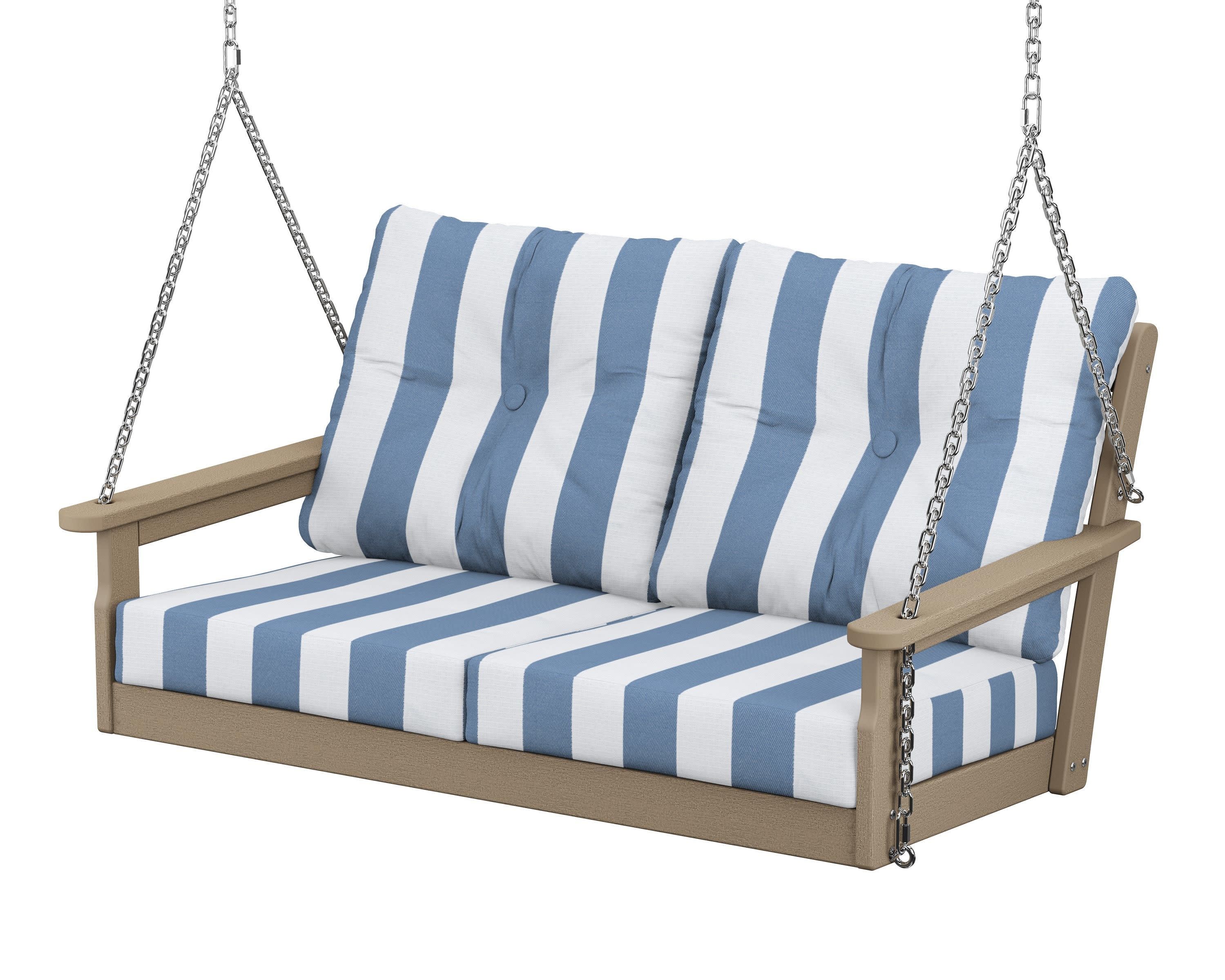 Vineyard Deep Seating Swing in Vintage Sahara / Cabana Stripe Sky Blue
