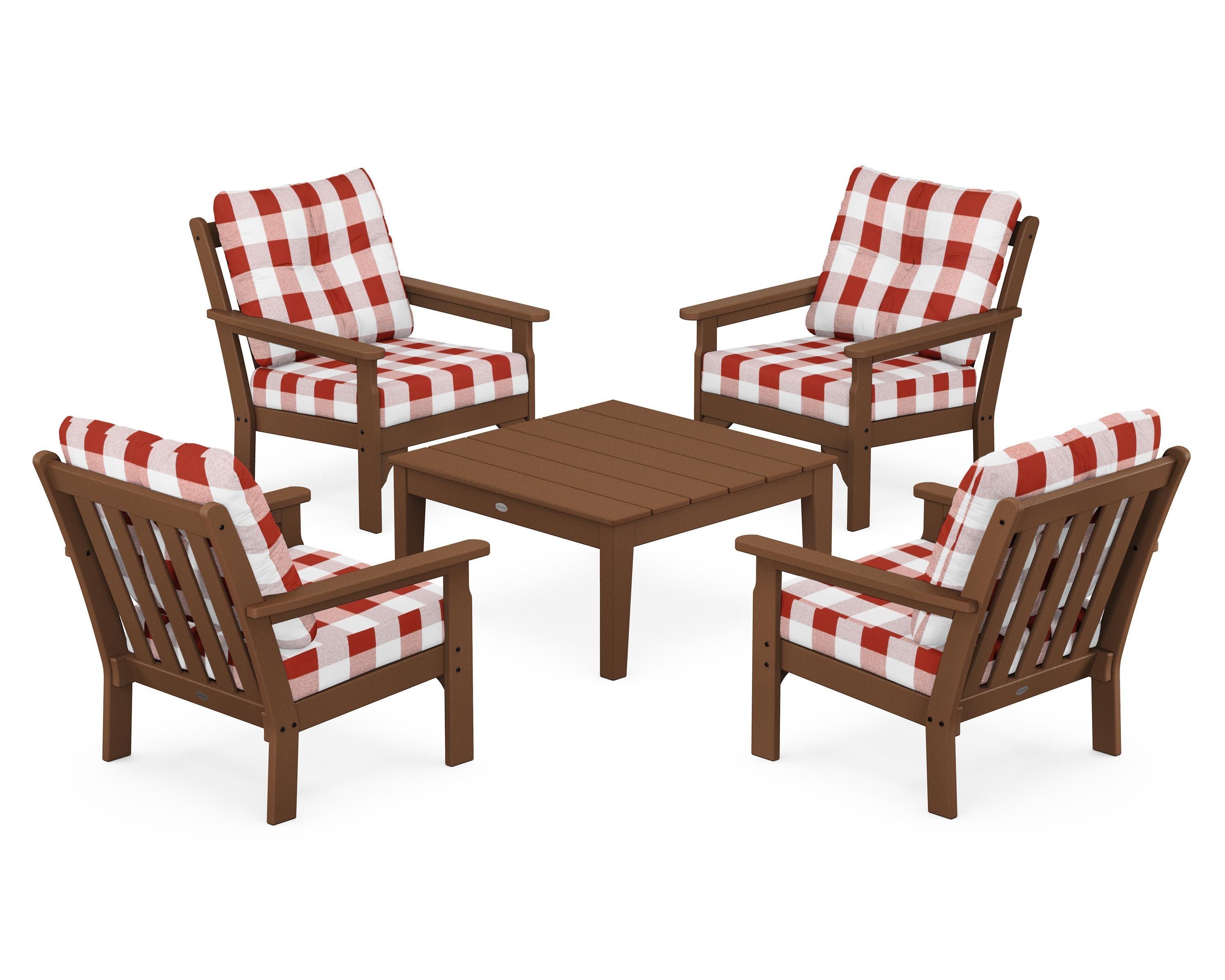 Vineyard 5-Piece Deep Seating Conversation Set in Teak / Buffalo Plaid Crimson