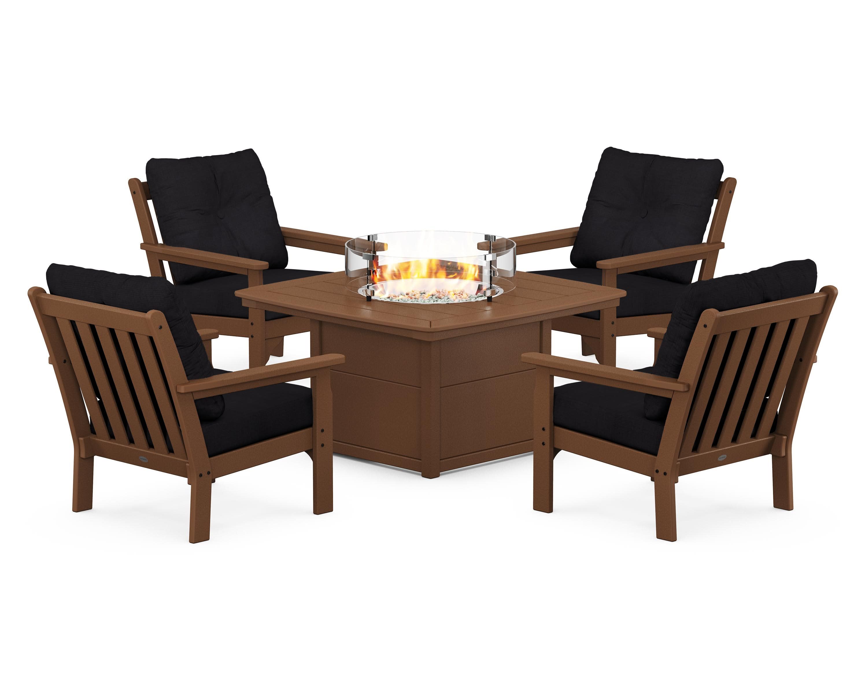 Vineyard 5-Piece Conversation Set with Fire Pit Table in Teak / Midnight Linen