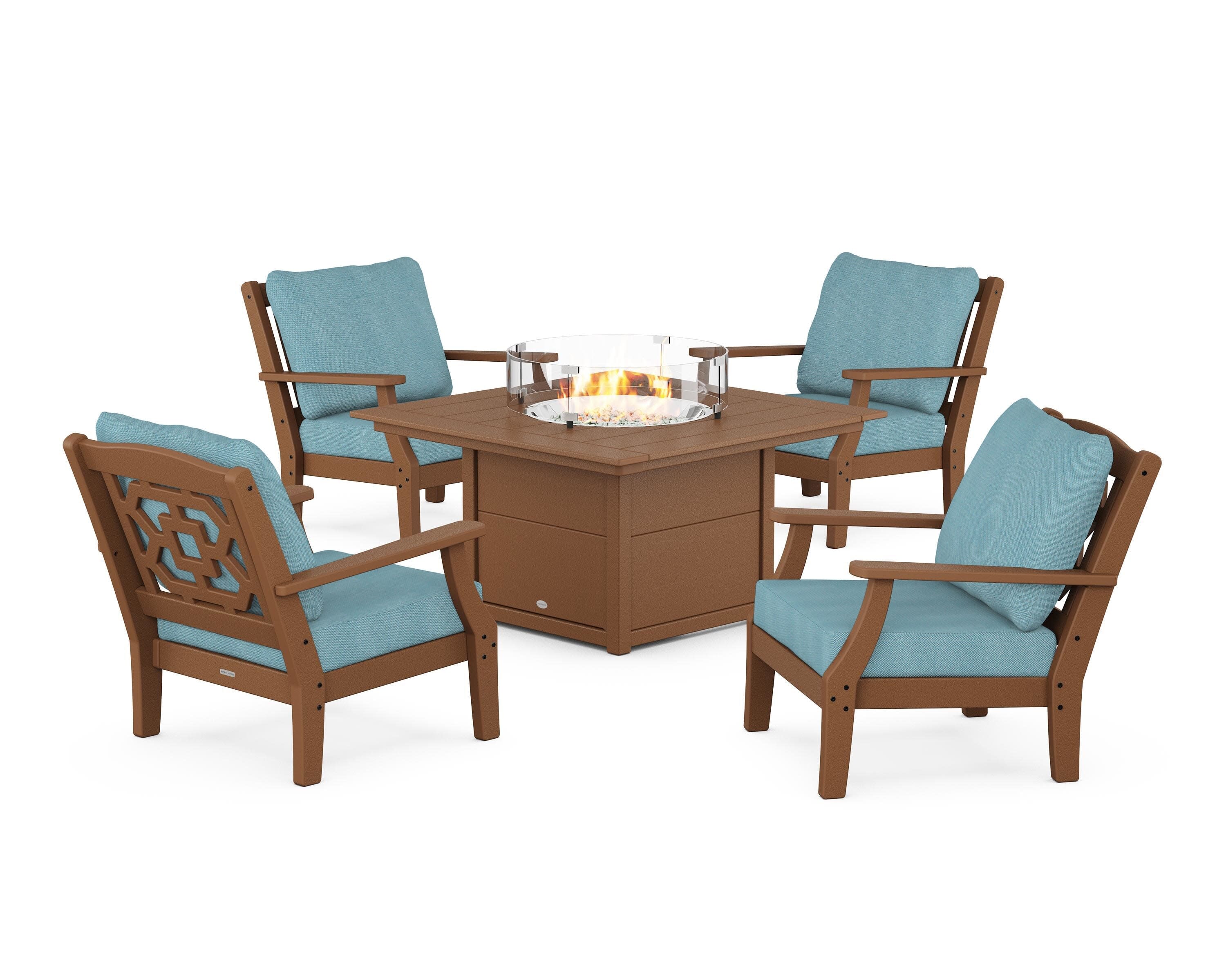 Chinoiserie 5-Piece Deep Seating Set with Fire Pit Table in Teak / Lattice Sky Blue