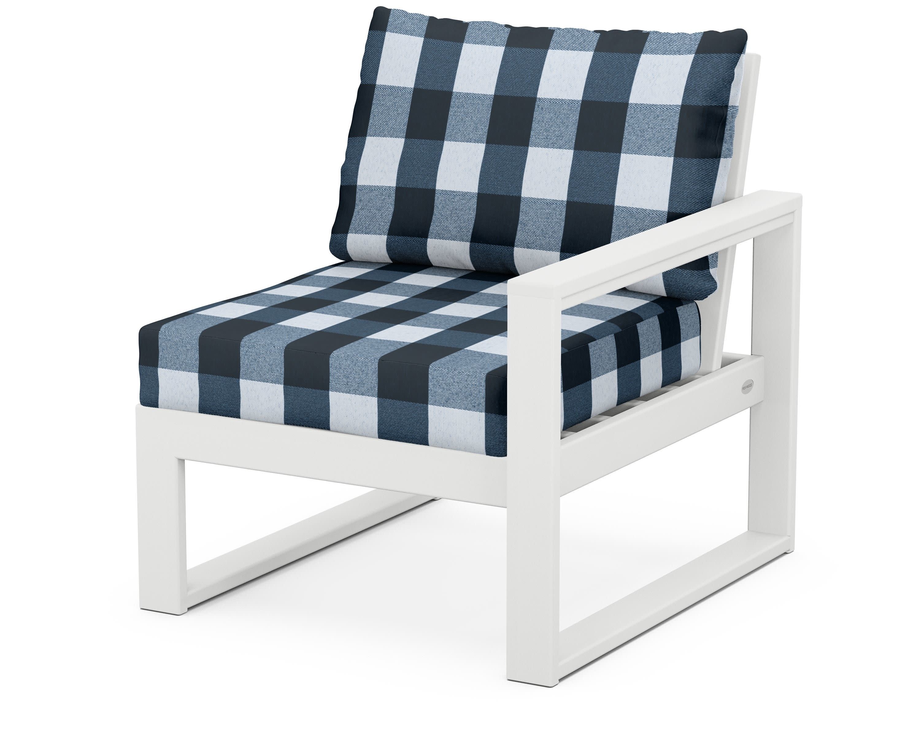 EDGE Modular Right Arm Chair in White / Buffalo Plaid Marine Indigo