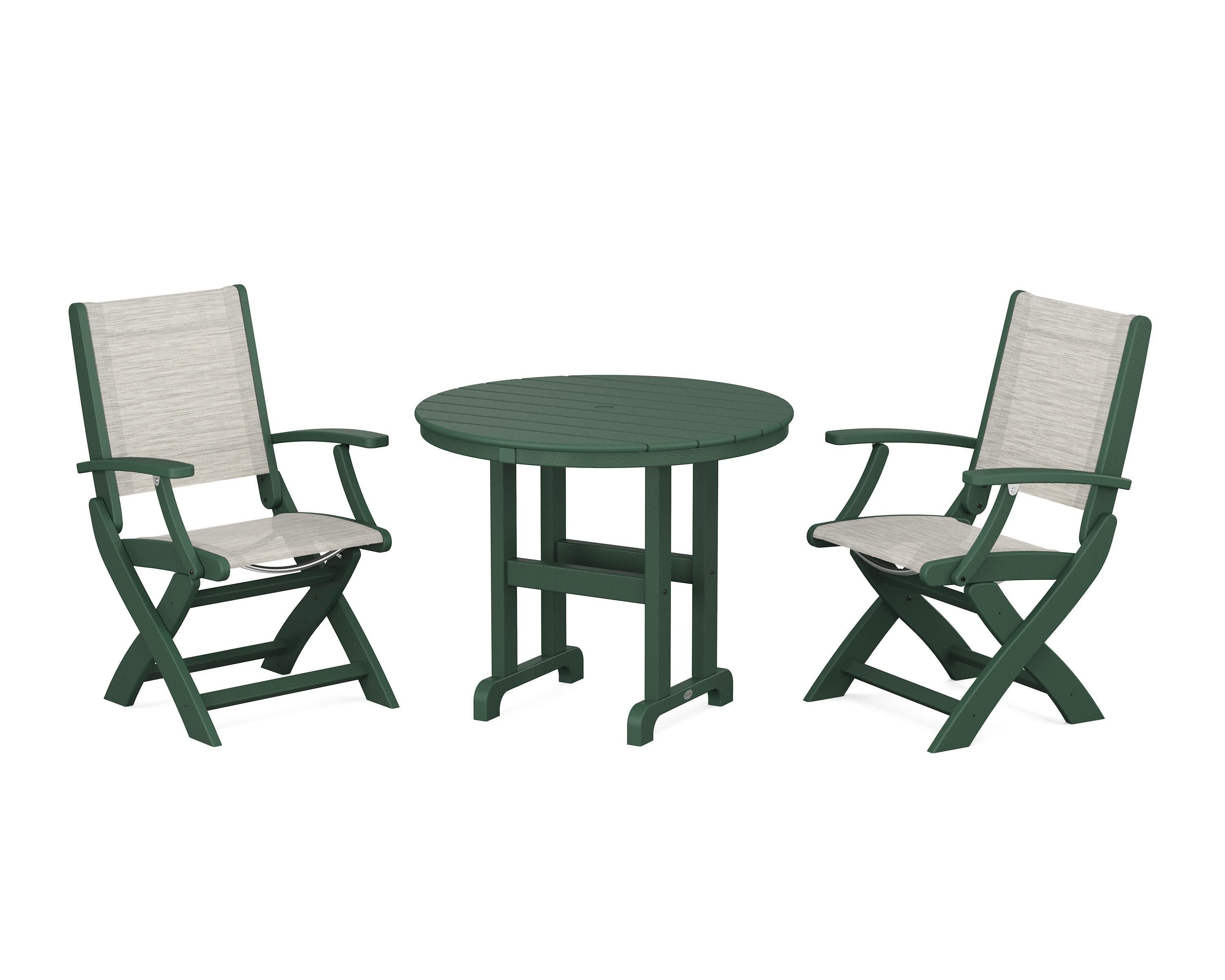 Coastal Folding Chair 3-Piece Round Dining Set in Green / Birch Sling