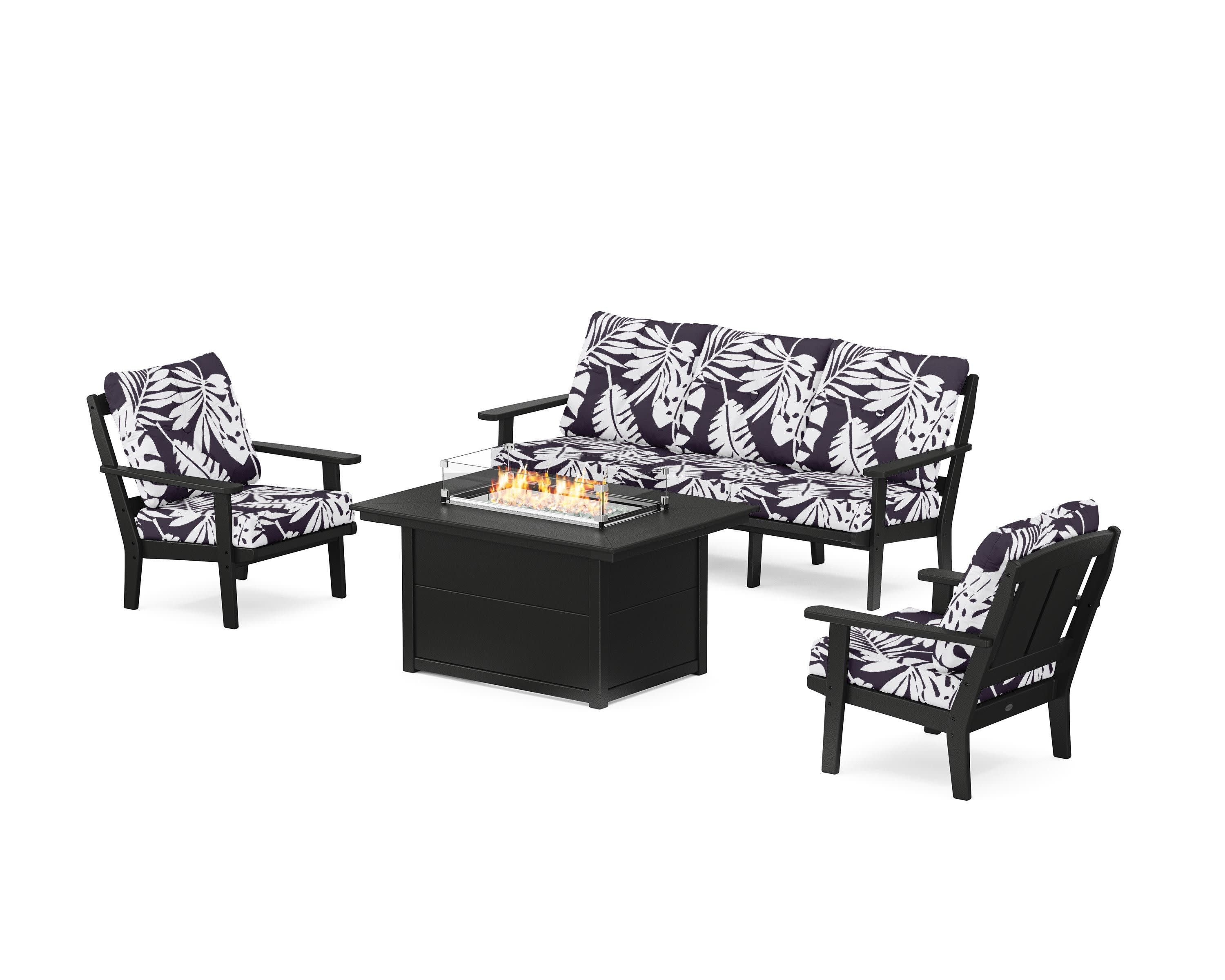 Mission Deep Seating Fire Pit Table Set in Black / Leaf Navy