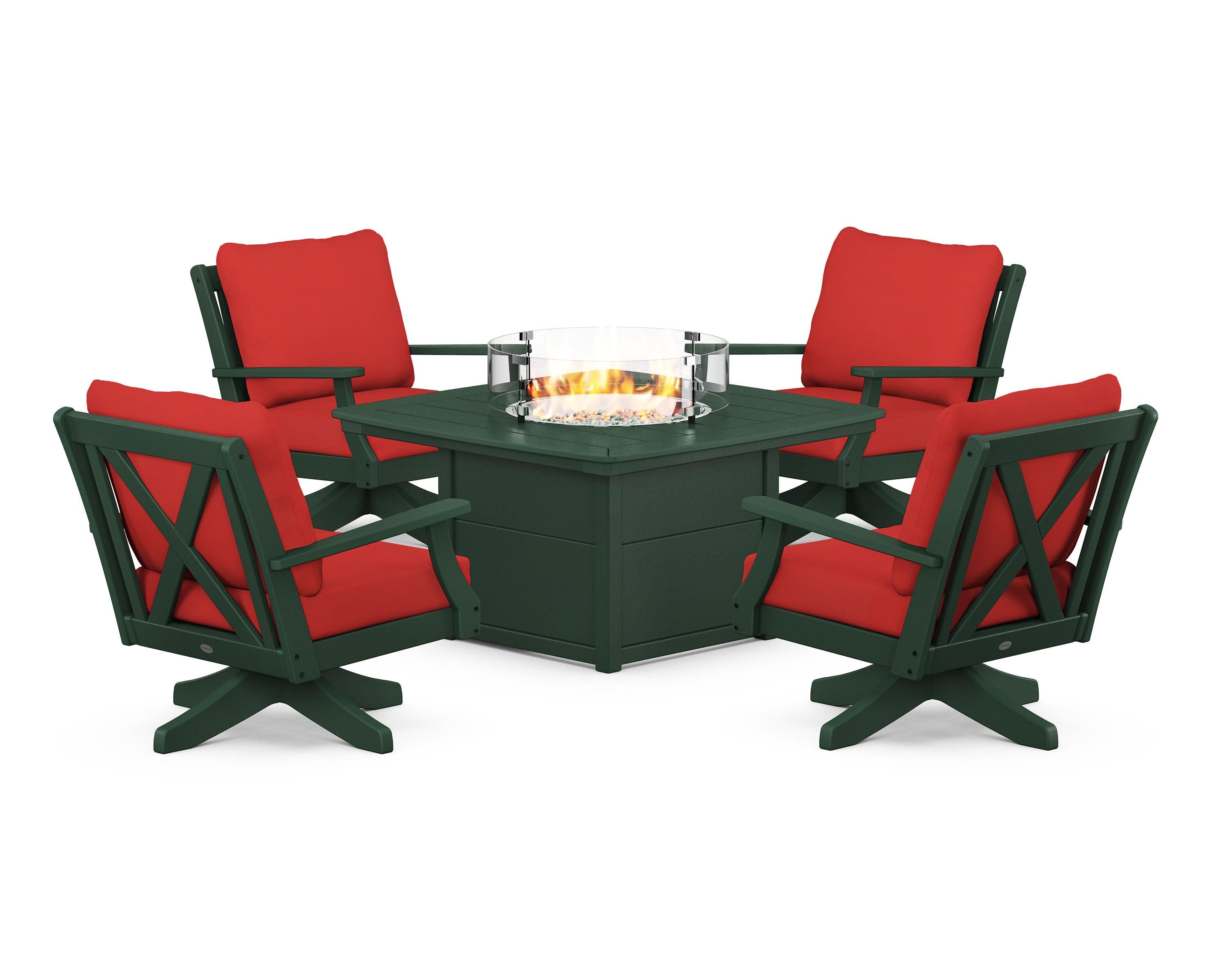 Braxton 5-Piece Deep Seating Swivel Conversation Set with Fire Pit Table in Green / Crimson Linen