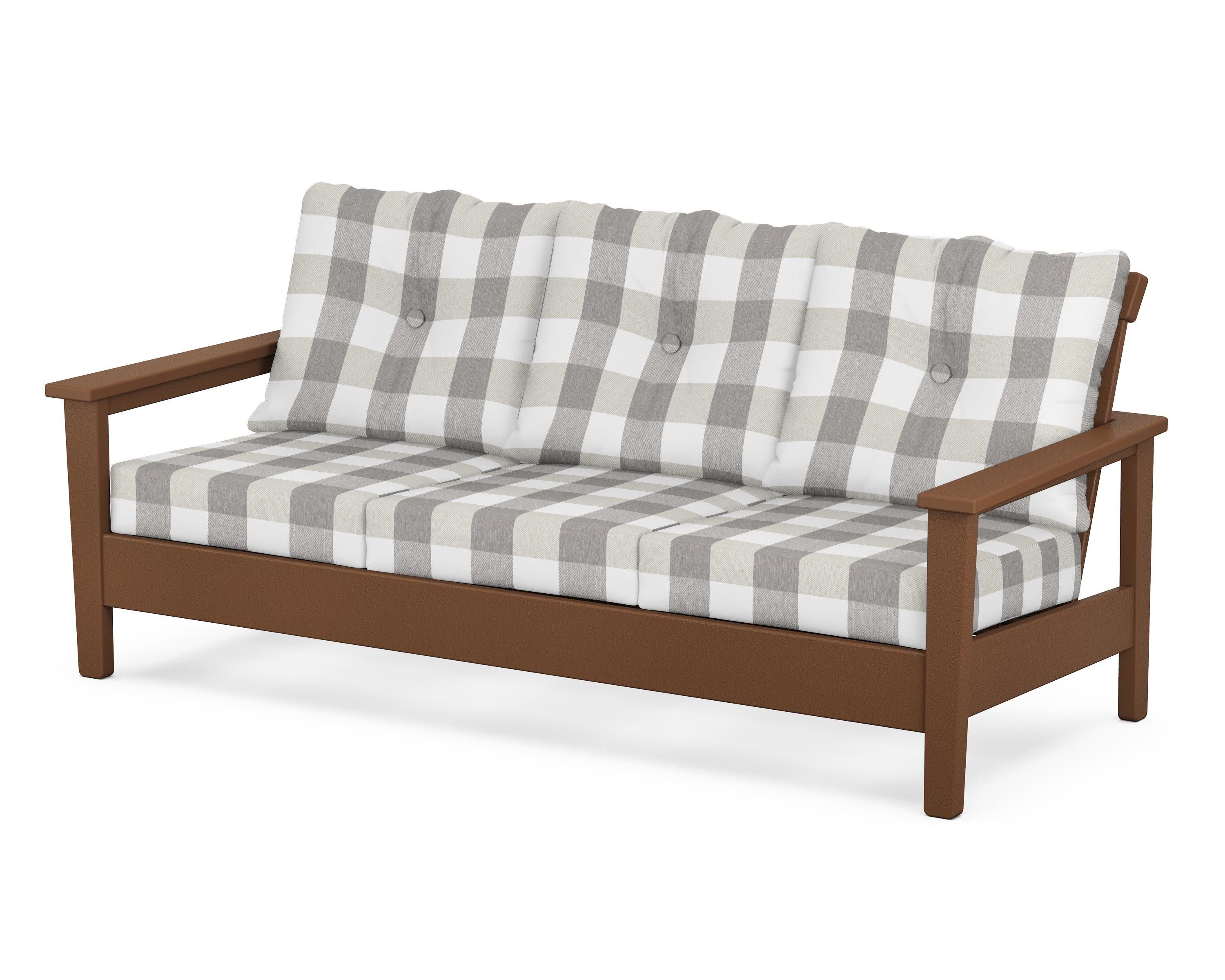 Prescott Deep Seating Sofa in Teak / Buffalo Plaid Grey Mist