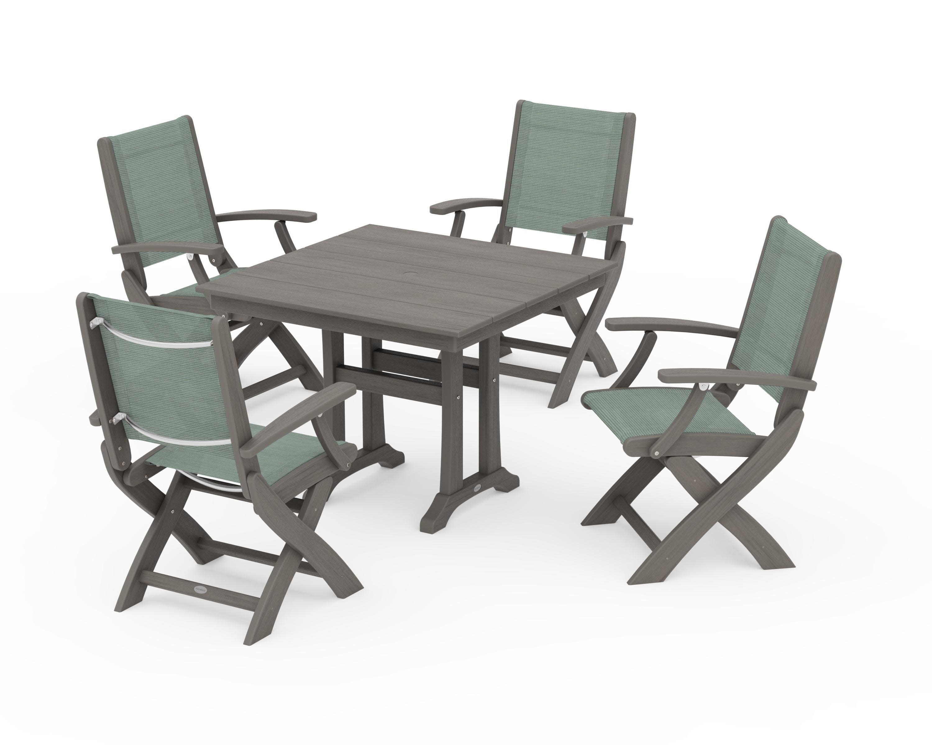 Coastal Folding Chair 5-Piece Farmhouse Dining Set With Trestle Legs in Driftwood / Dupioni Sea Mist Sling