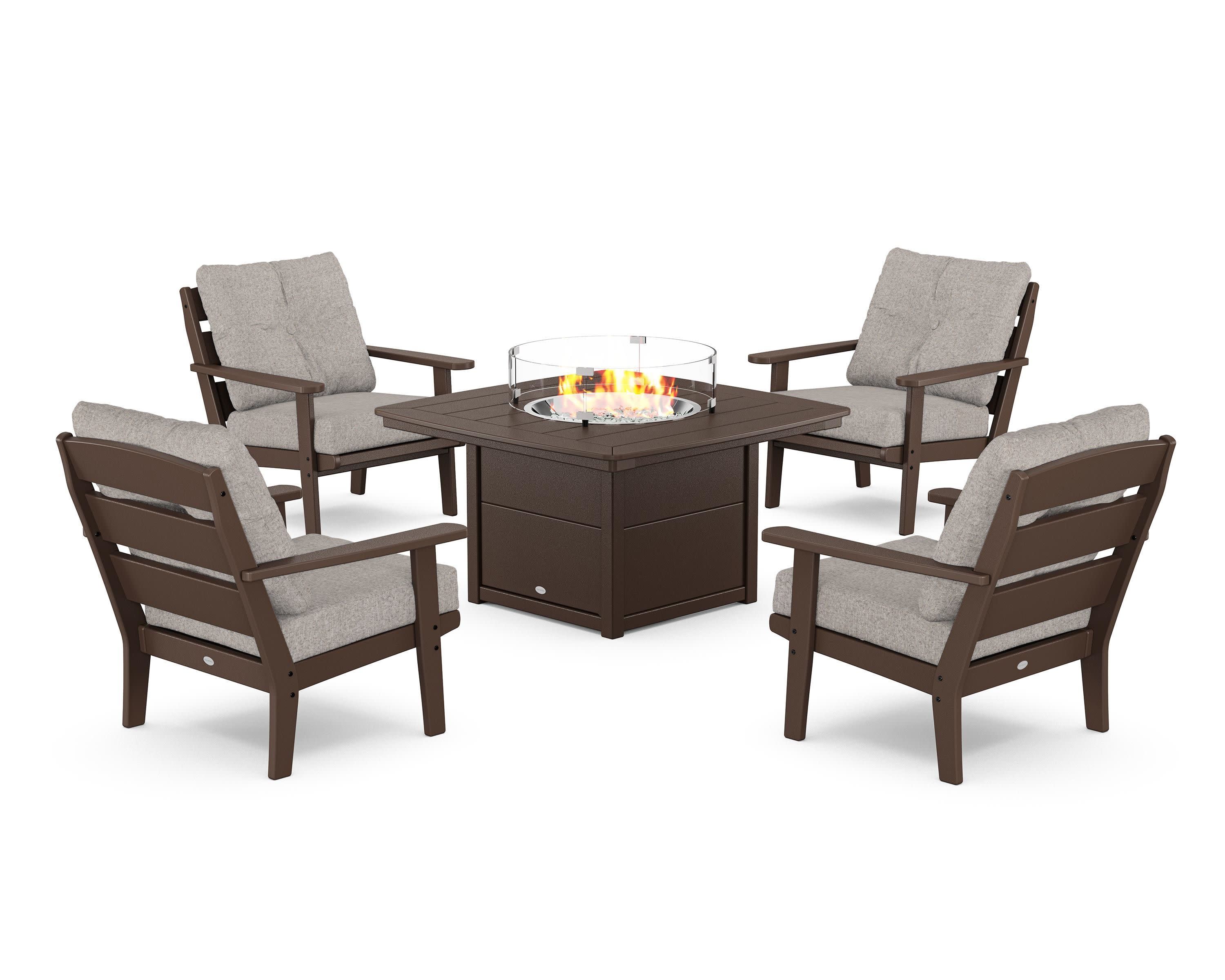 Lakeside 5-Piece Deep Seating Set with Nautical Fire Pit Table in Mahogany / Weathered Tweed