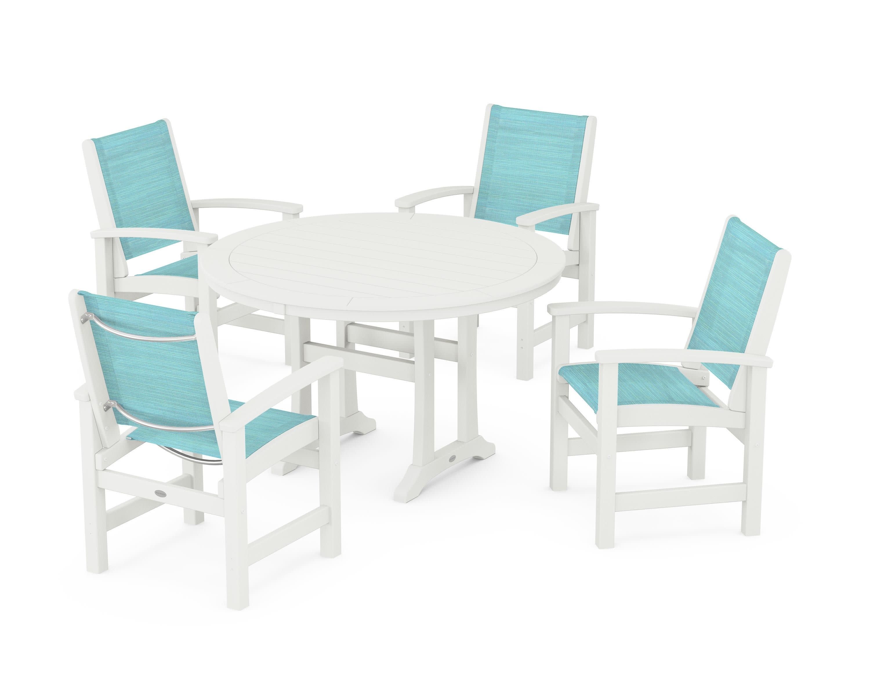 Coastal 5-Piece Round Dining Set with Trestle Legs in Vintage White / Dupioni Aquamarine Sling