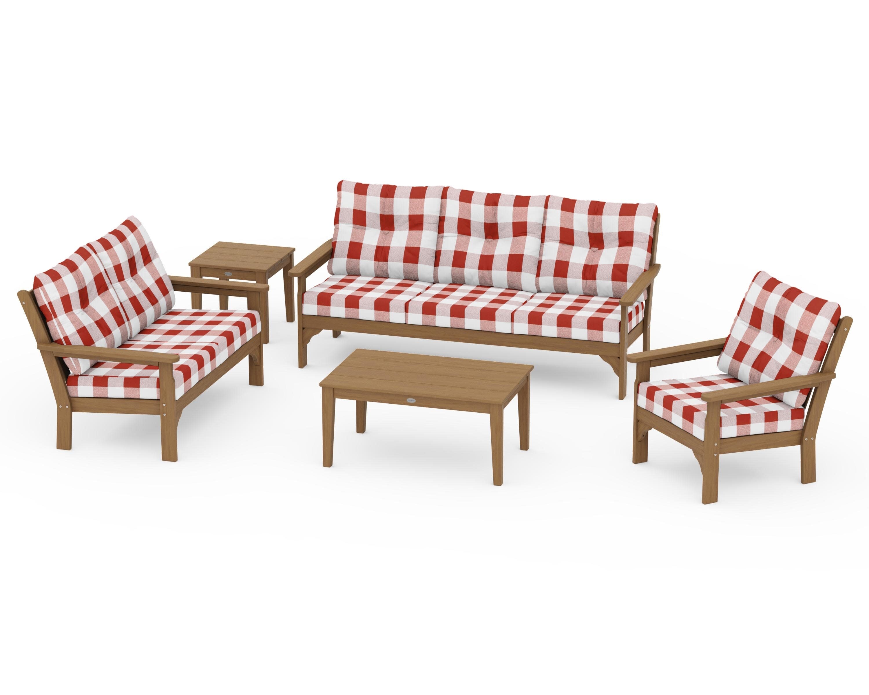 Vineyard 5 Piece Deep Seating Set in Natural / Buffalo Plaid Crimson