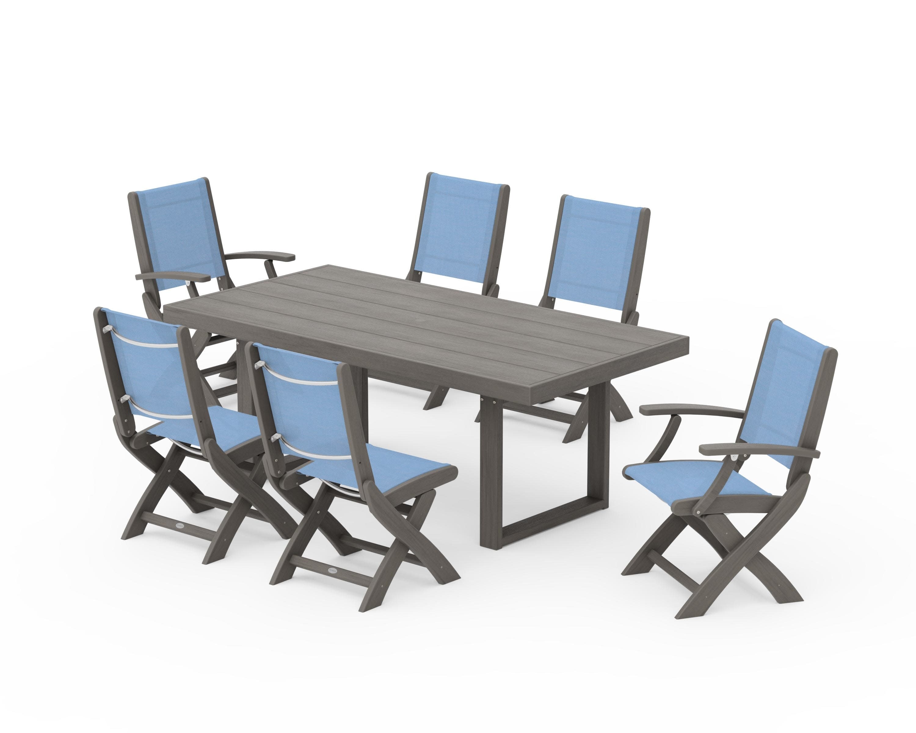 Coastal Folding Chair 7-Piece Dining Set with Trestle Legs in Driftwood / Poolside Sling