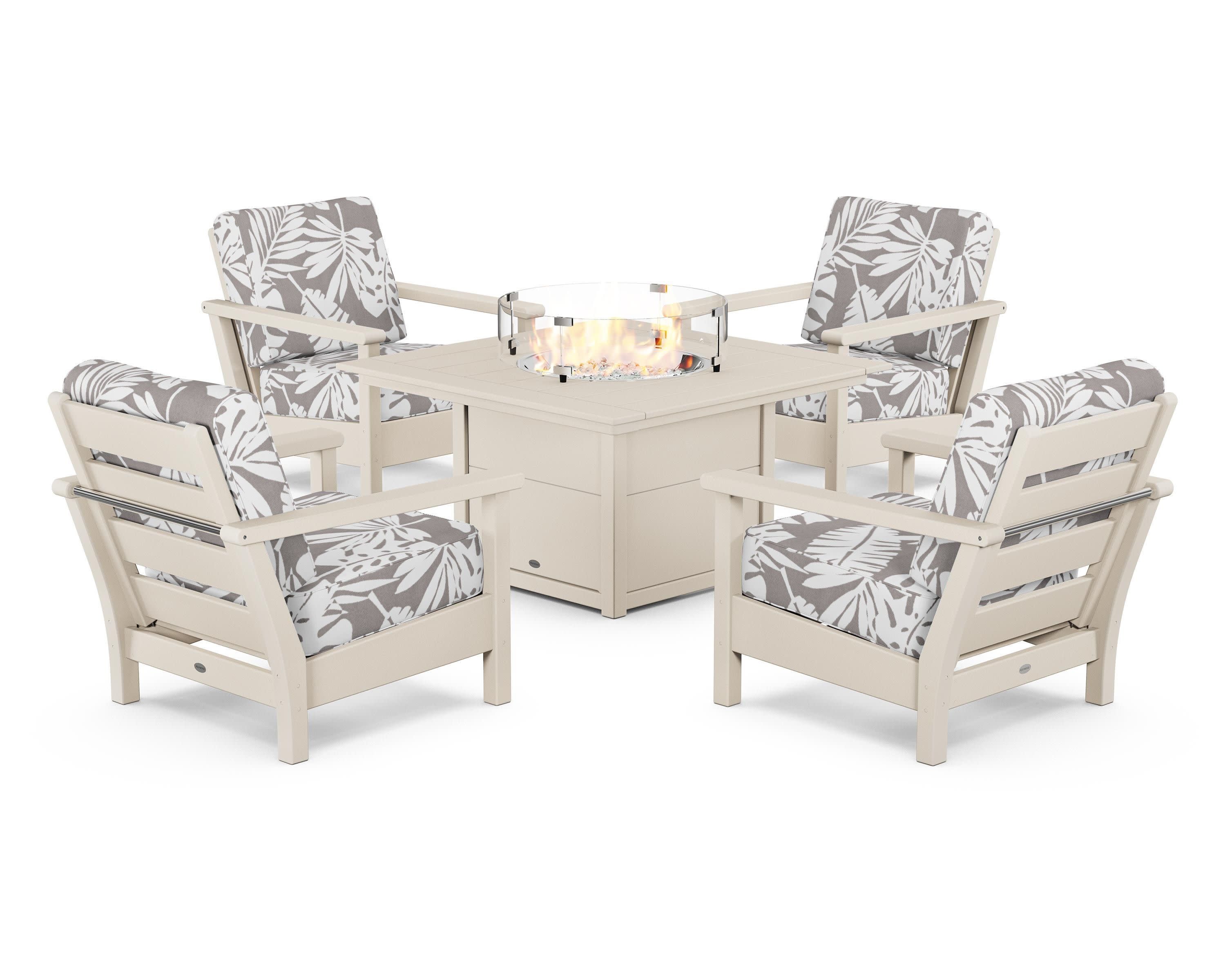 Harbour 5-Piece Conversation Set with Fire Pit Table in Sand / Leaf Grey Mist