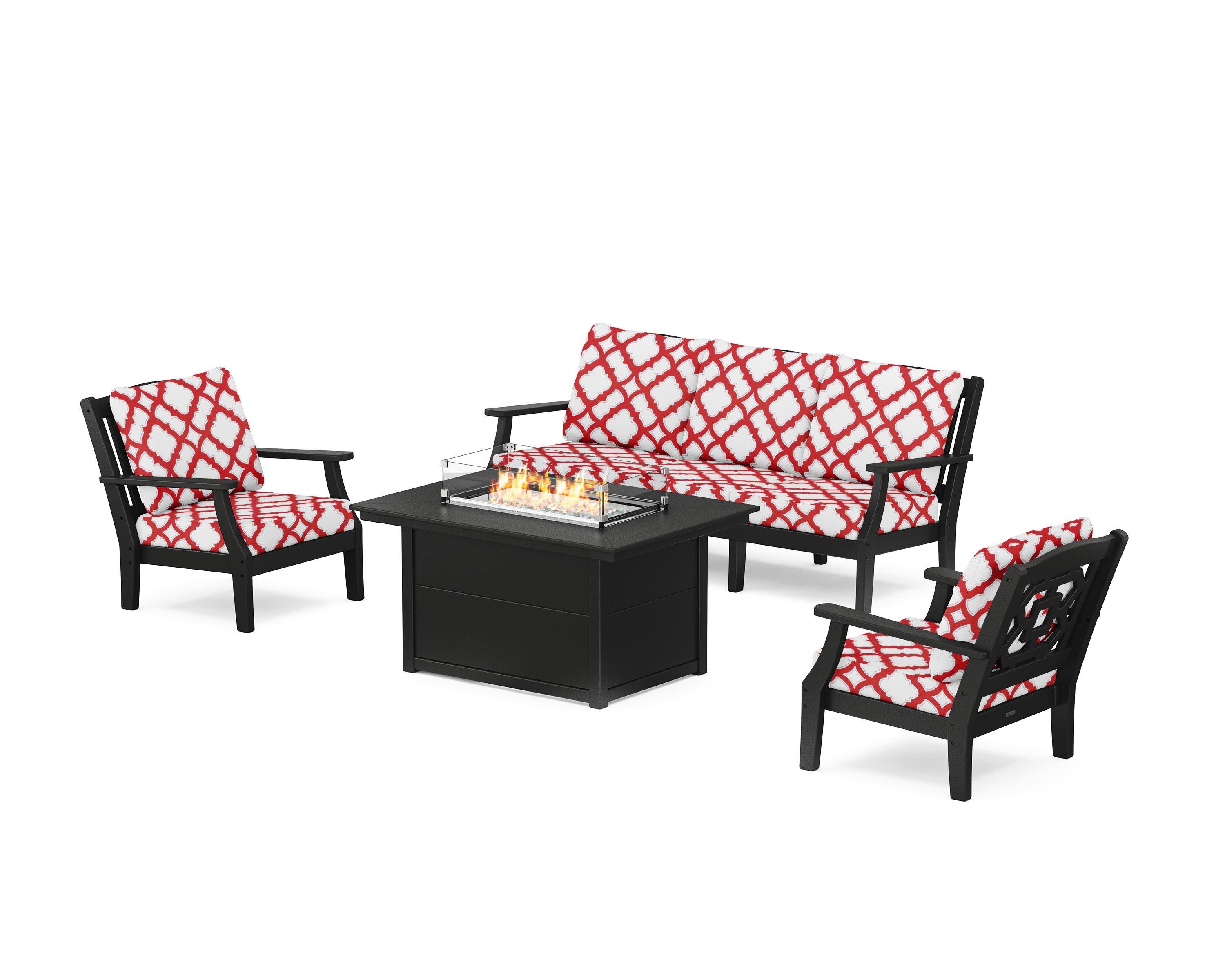 Chinoiserie Deep Seating Fire Pit Table Set in Black / Trellis Crimson