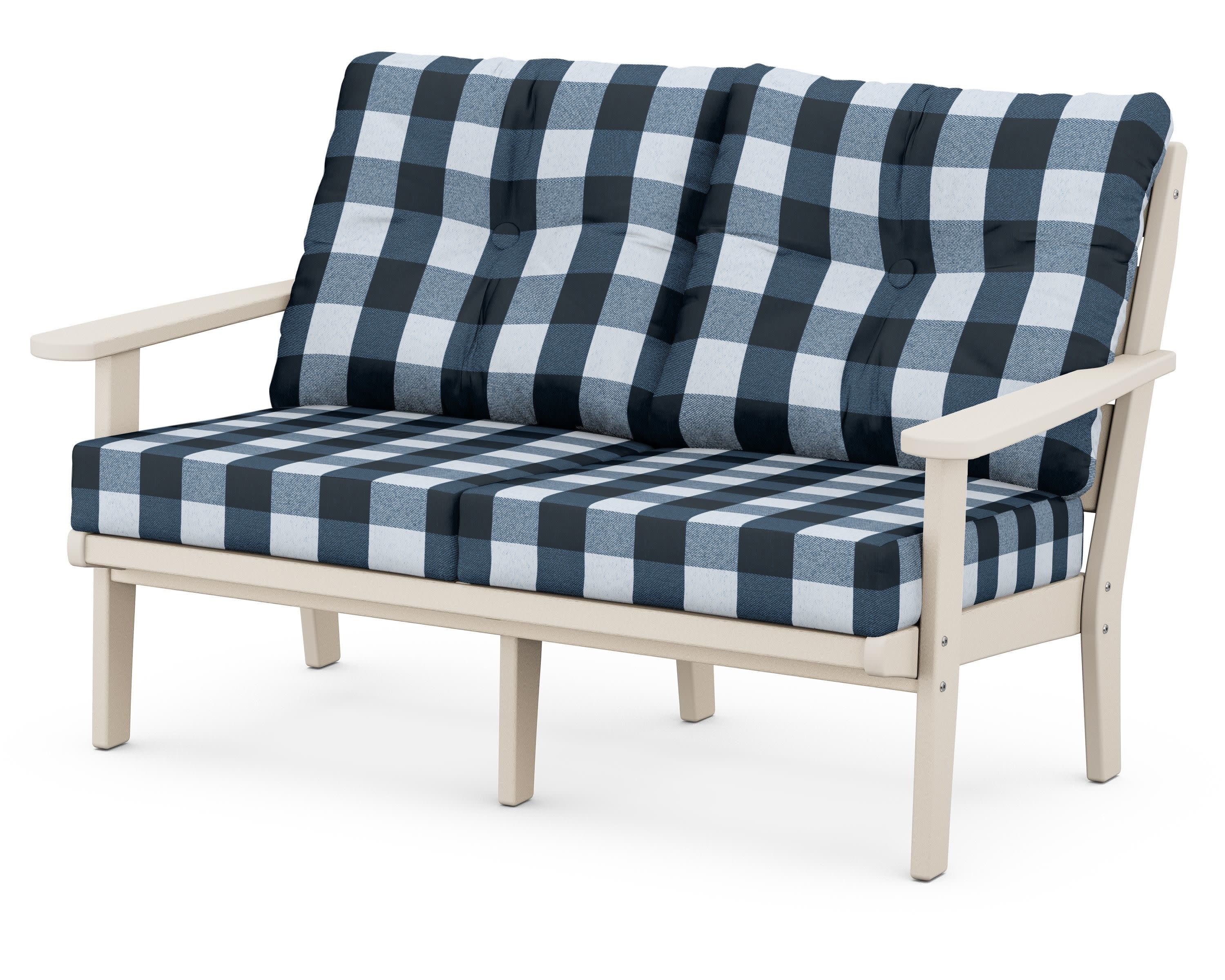 Lakeside Deep Seating Loveseat in Sand / Buffalo Plaid Marine Indigo