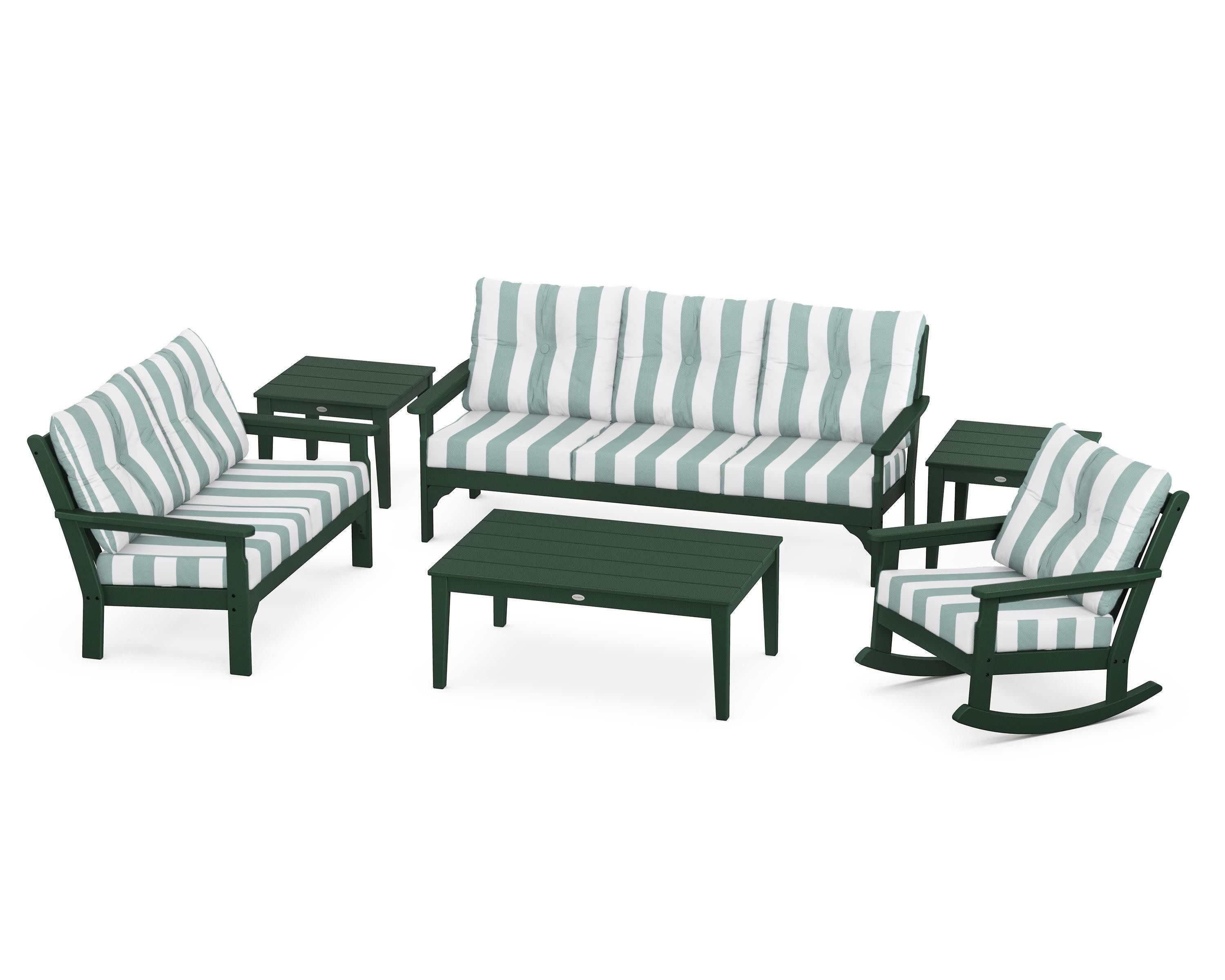 Vineyard 6-Piece Deep Seating Set in Green / Cabana Stripe Glacier Spa