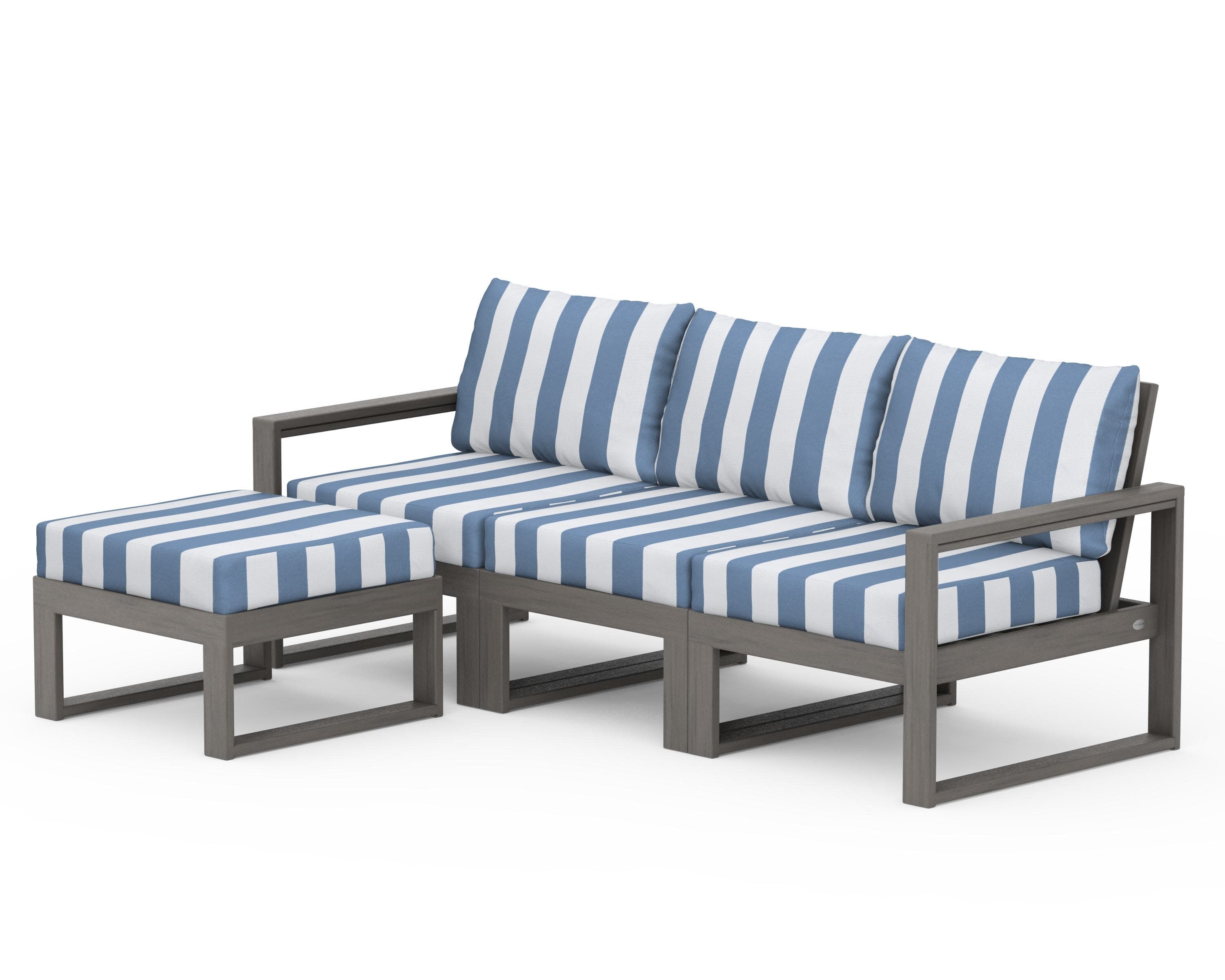 EDGE 4-Piece Modular Deep Seating Set with Ottoman in Driftwood / Cabana Stripe Sky Blue