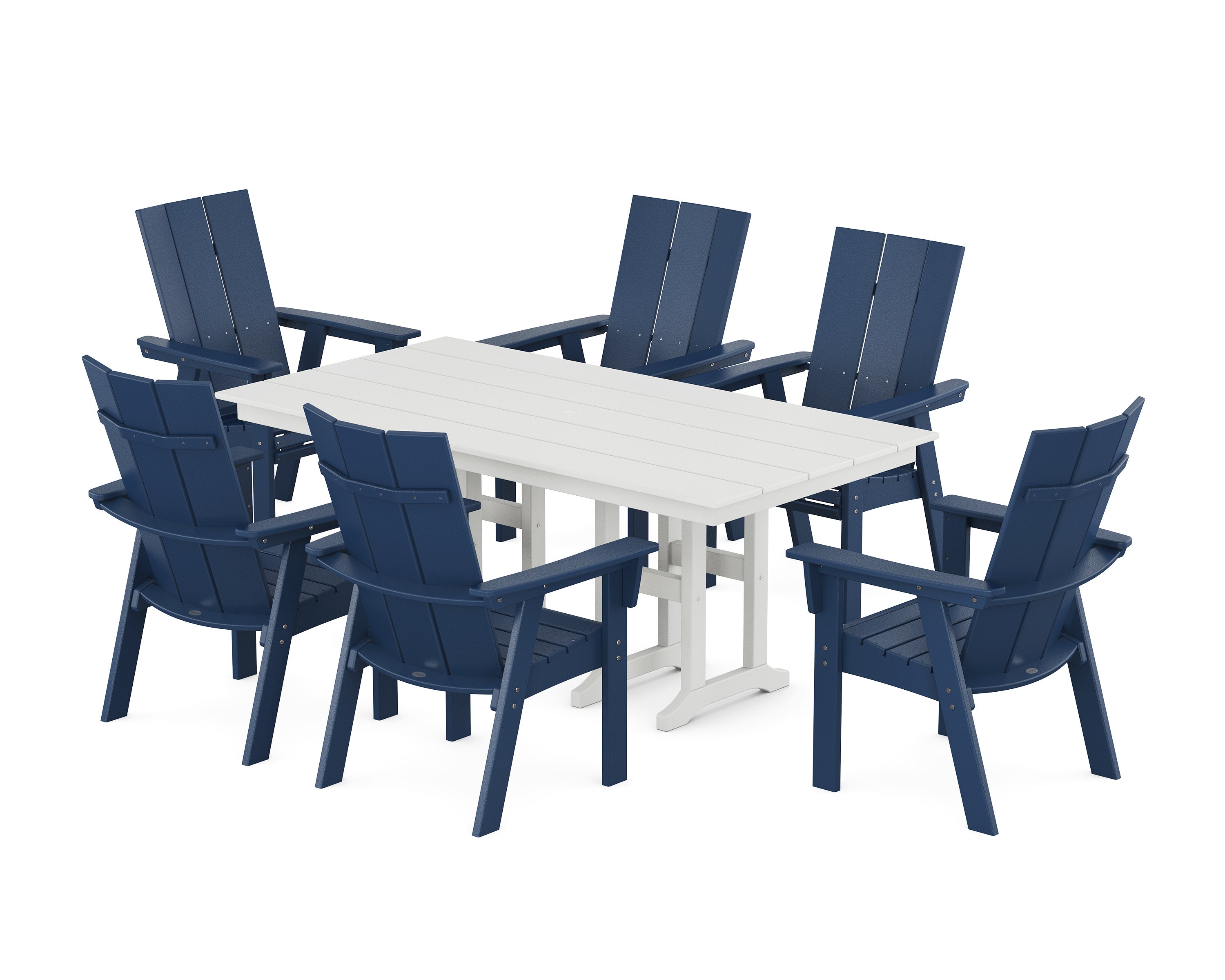Modern Curveback Adirondack 7-Piece Farmhouse Dining Set in Navy / White
