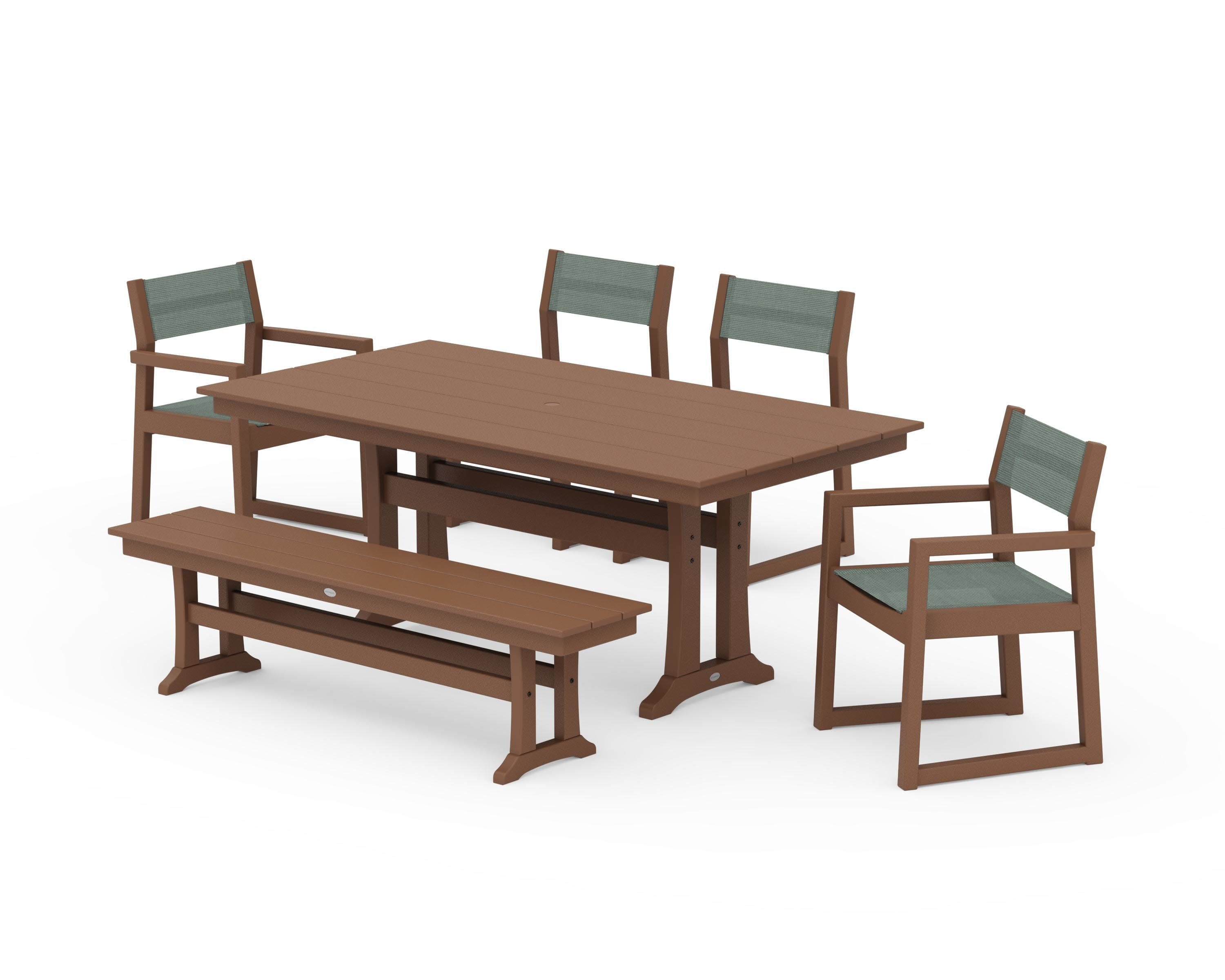 EDGE Sling 6-Piece Farmhouse Dining Set With Trestle Legs in Teak / Dupioni Sea Mist Sling