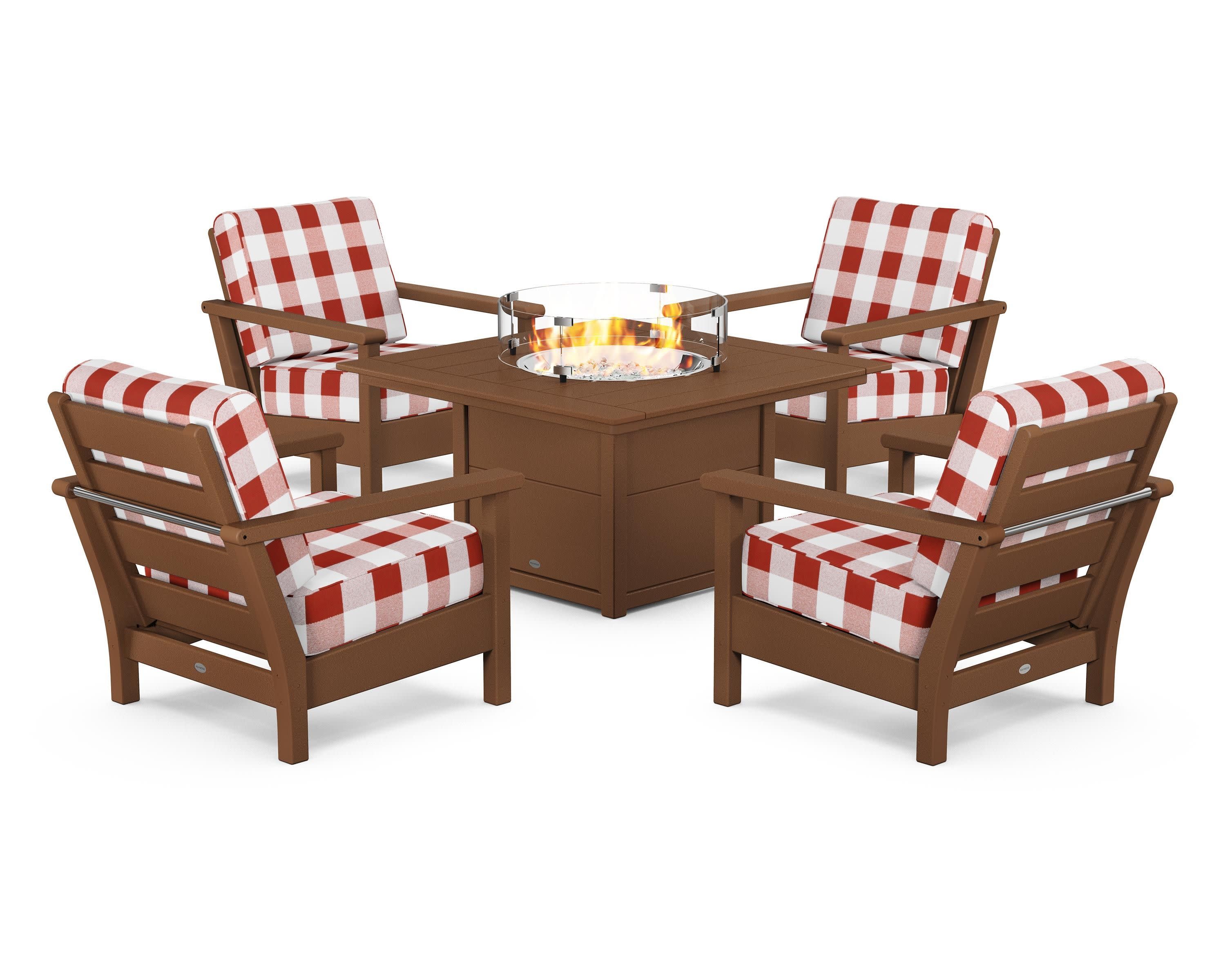 Harbour 5-Piece Conversation Set with Fire Pit Table in Teak / Buffalo Plaid Crimson