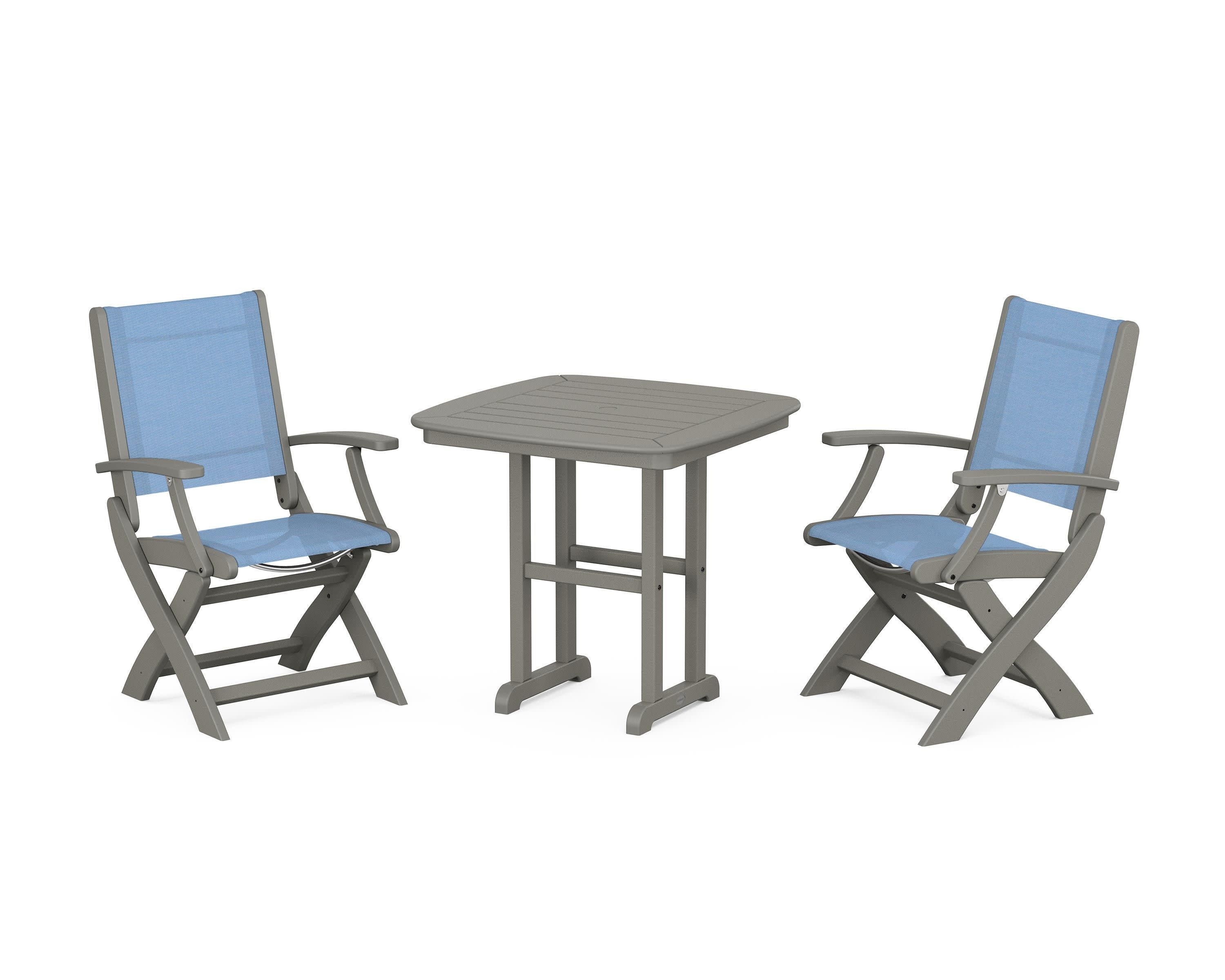 Coastal Folding Chair 3-Piece Dining Set in Slate Grey / Poolside Sling
