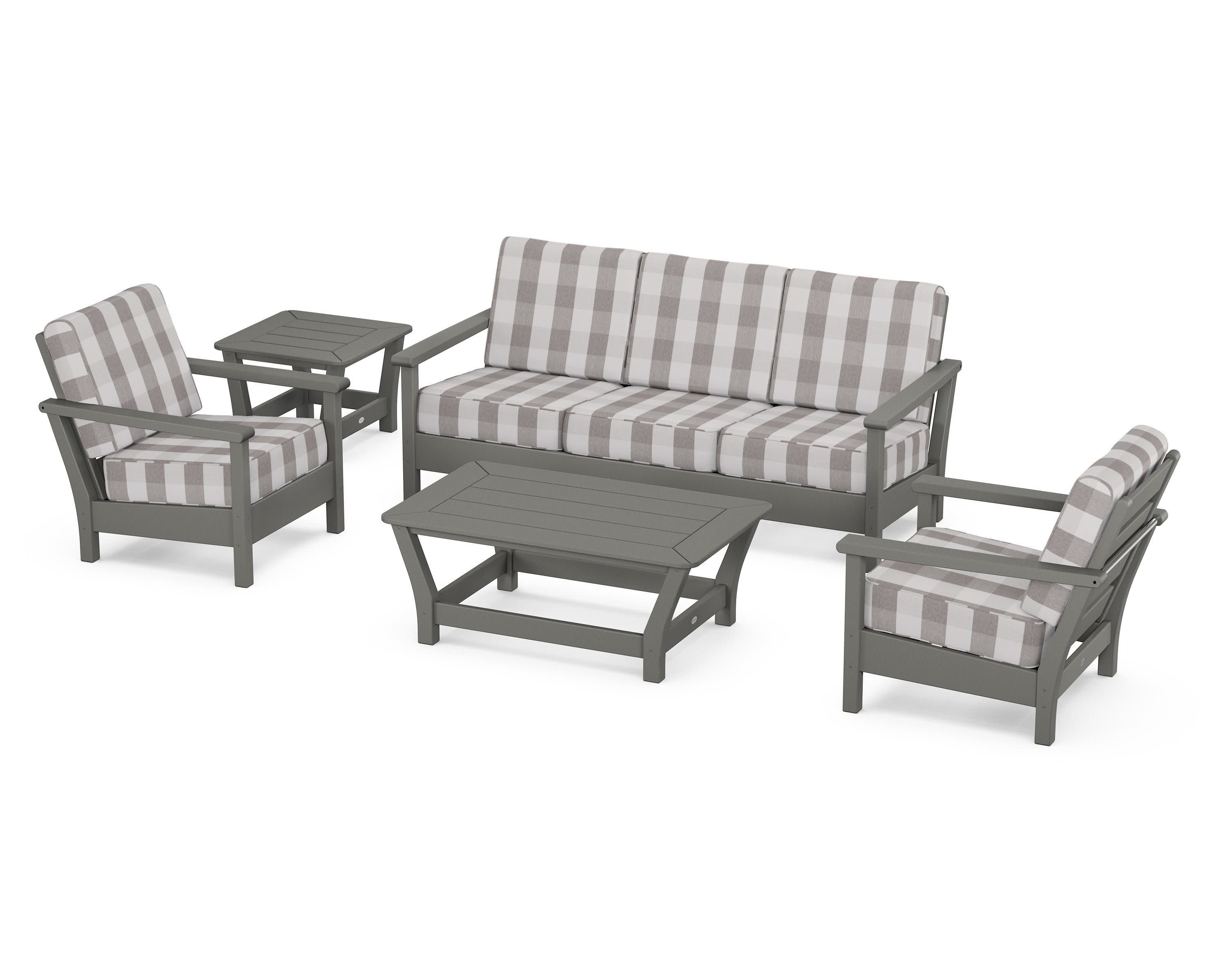 Harbour 5-Piece Deep Seating Set in Slate Grey / Buffalo Plaid Grey Mist