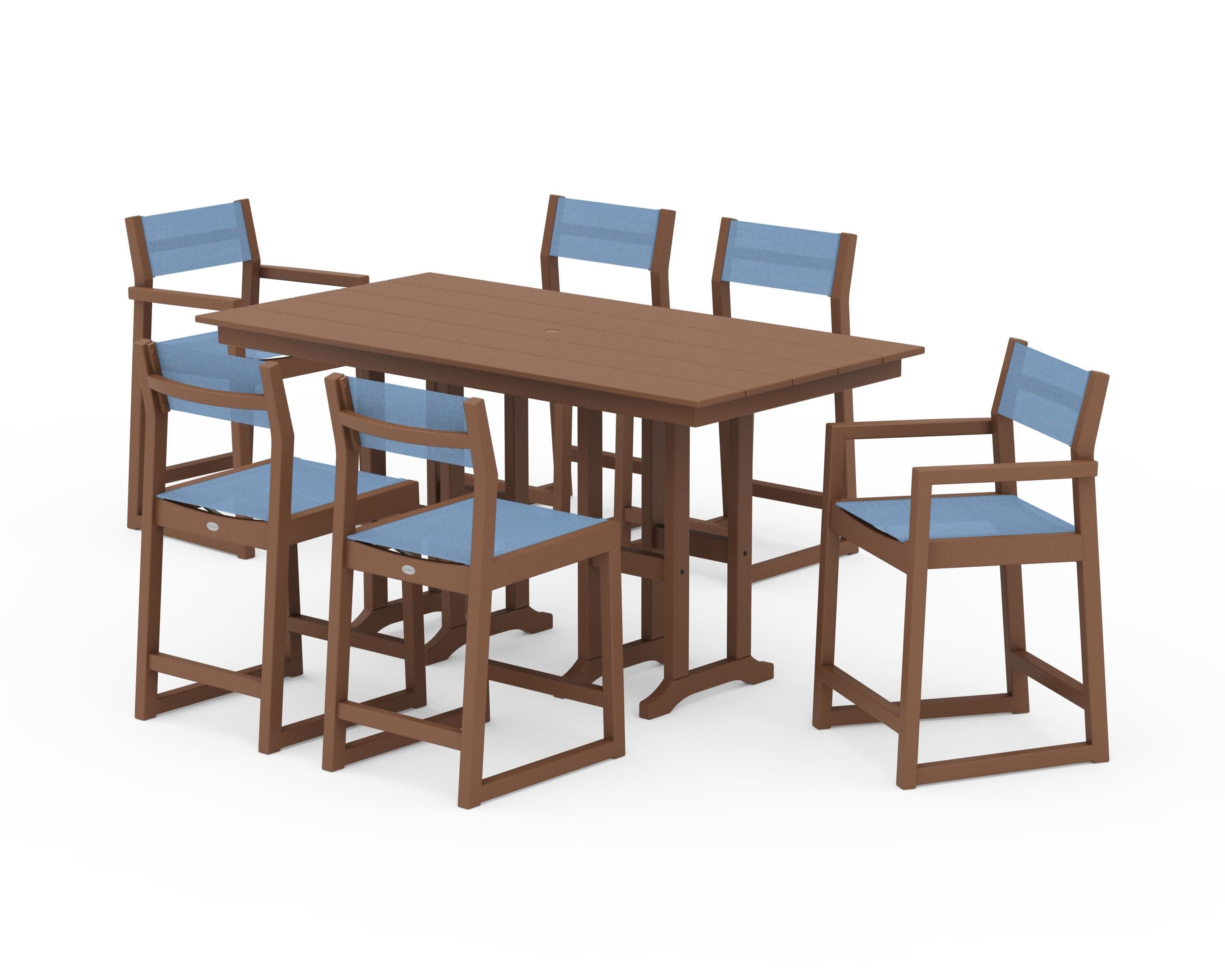 EDGE Sling 7-Piece Farmhouse Counter Set with Trestle Legs in Teak / Poolside Sling