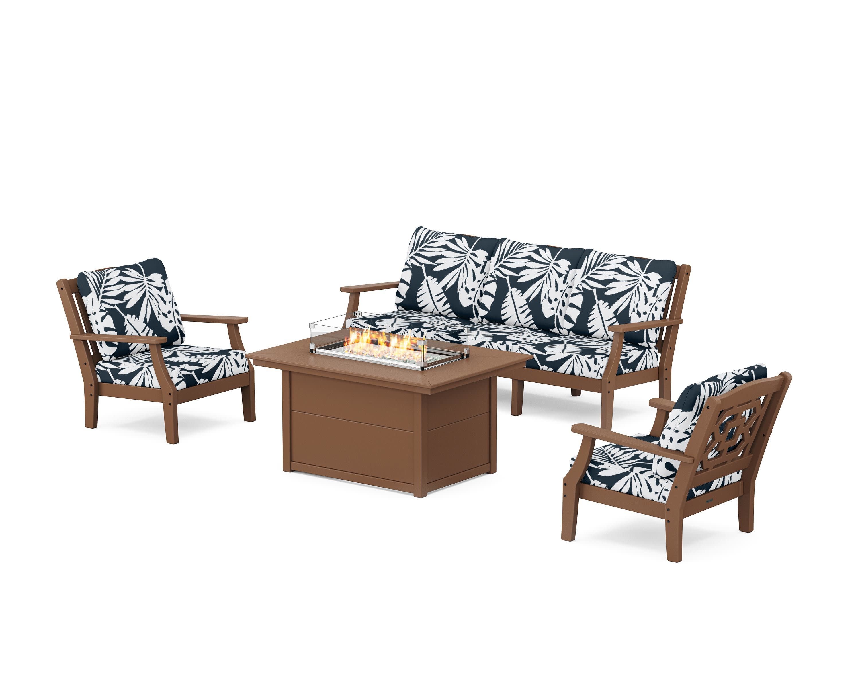 Chinoiserie Deep Seating Fire Pit Table Set in Teak / Leaf Marine Indigo