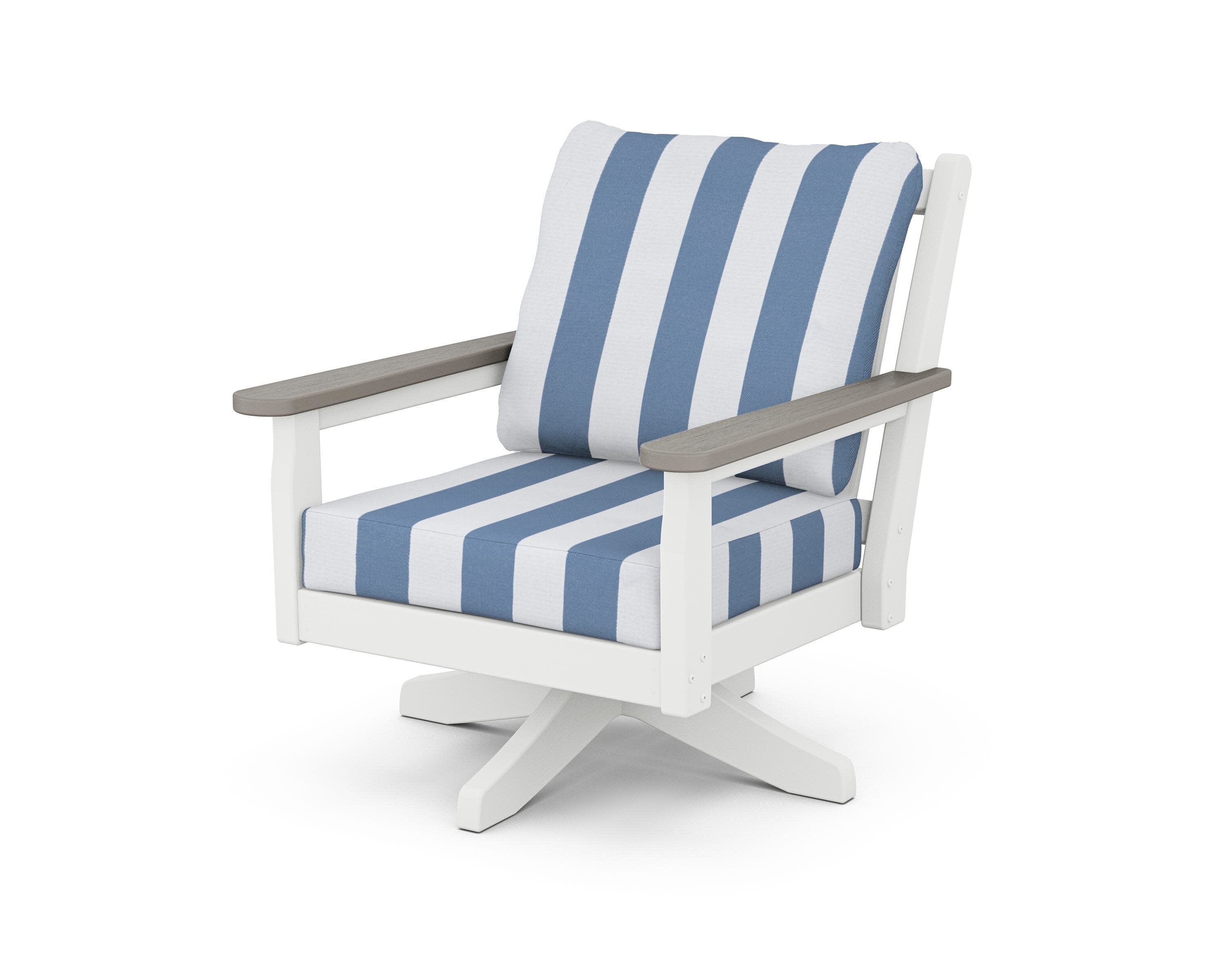 Chippendale Deep Seating Swivel Chair in White / Driftwood / Cabana Stripe Sky Blue