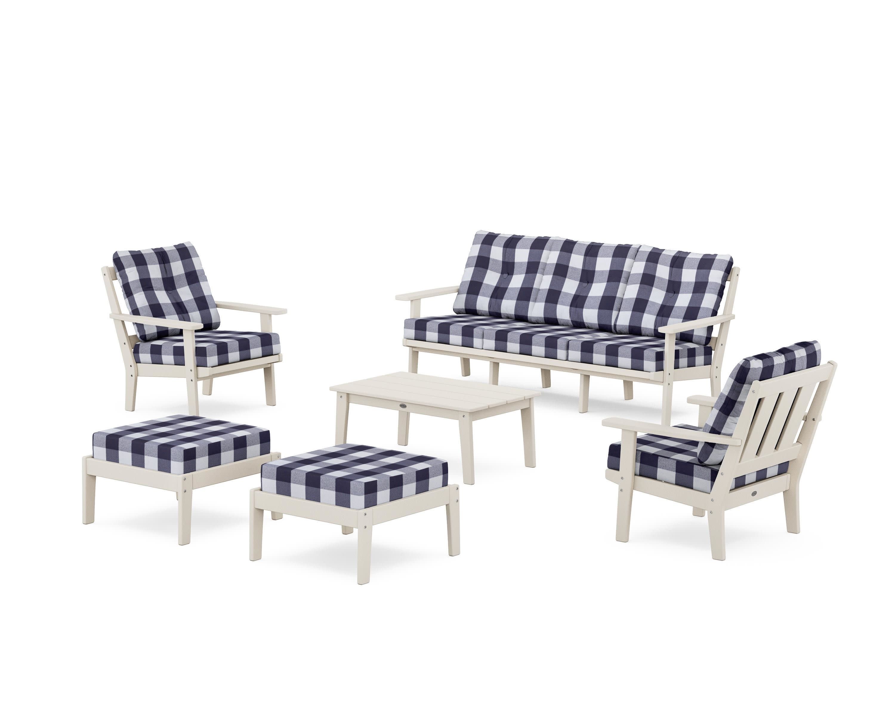 Oxford 6-Piece Lounge Sofa Set in Sand / Buffalo Plaid Navy