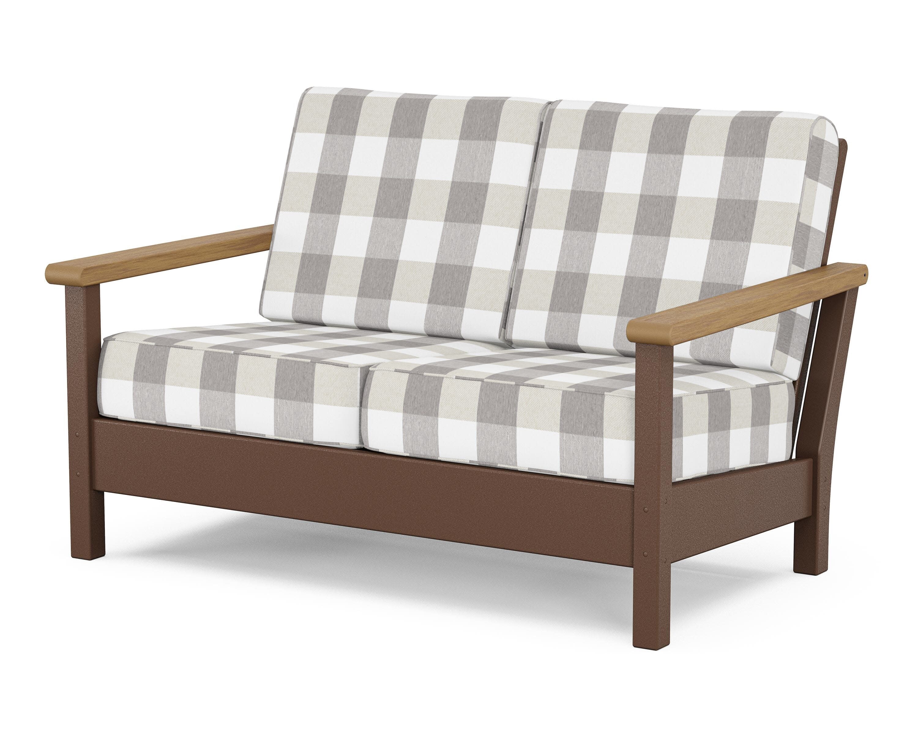 Harbour Deep Seating Loveseat in Mahogany / Natural / Buffalo Plaid Grey Mist