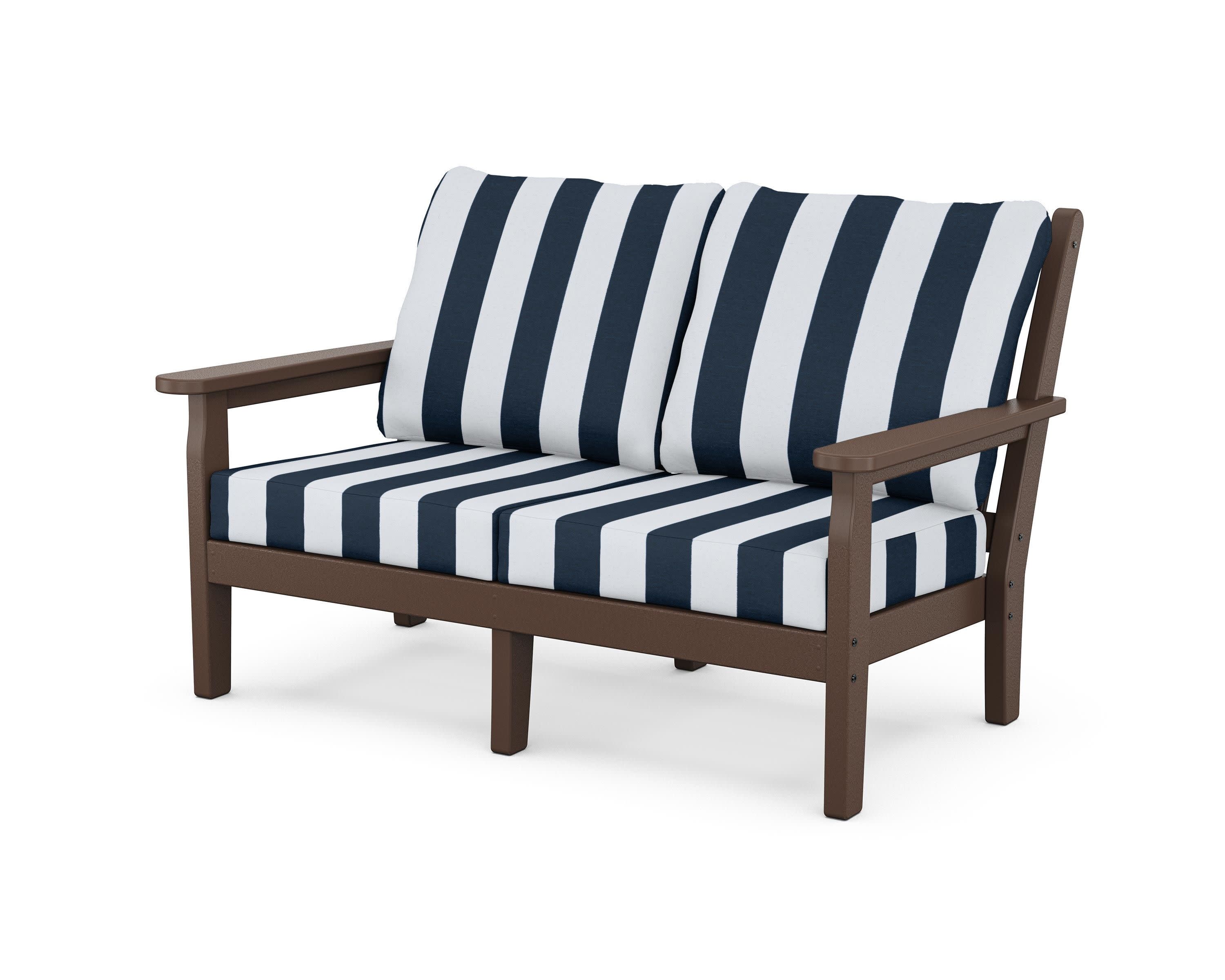 Chippendale Deep Seating Loveseat in Mahogany / Cabana Stripe Marine Indigo