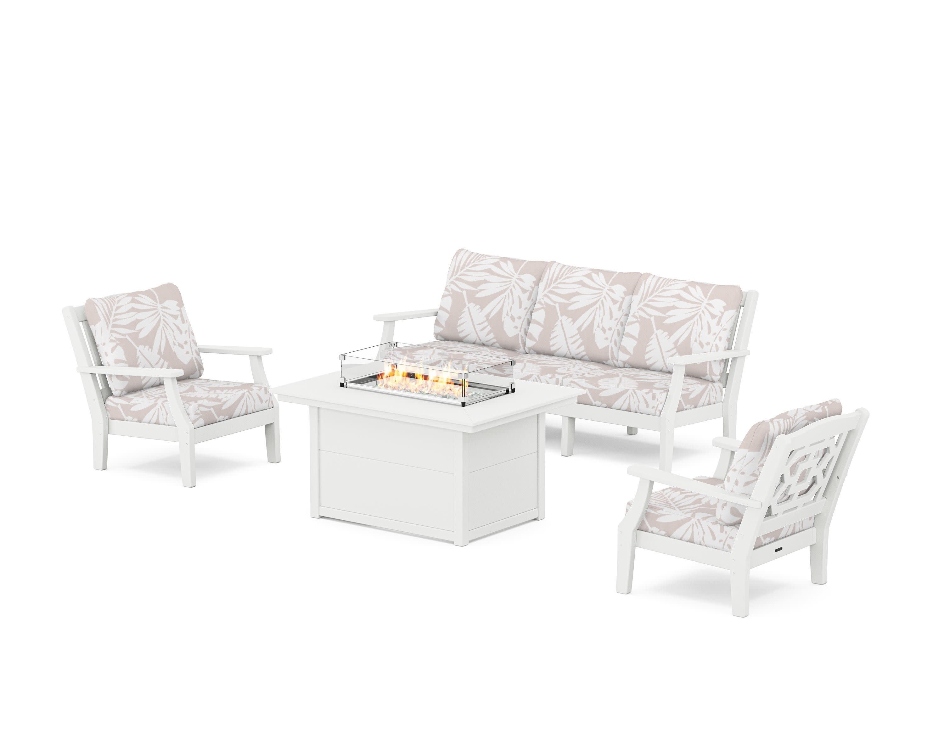 Chinoiserie Deep Seating Fire Pit Table Set in White / Leaf Dune Burlap