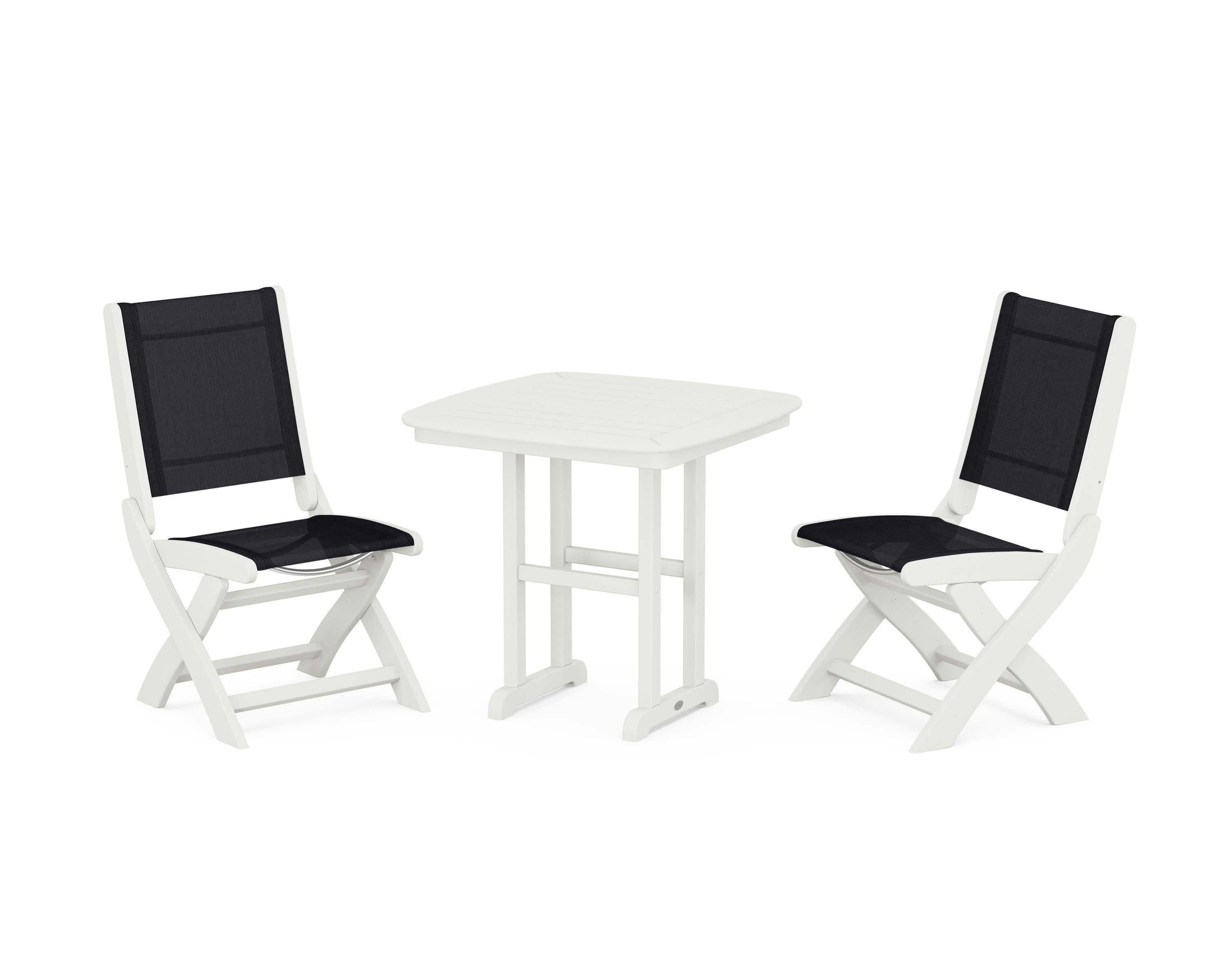 Coastal Folding Side Chair 3-Piece Dining Set in Vintage White / Black Sling