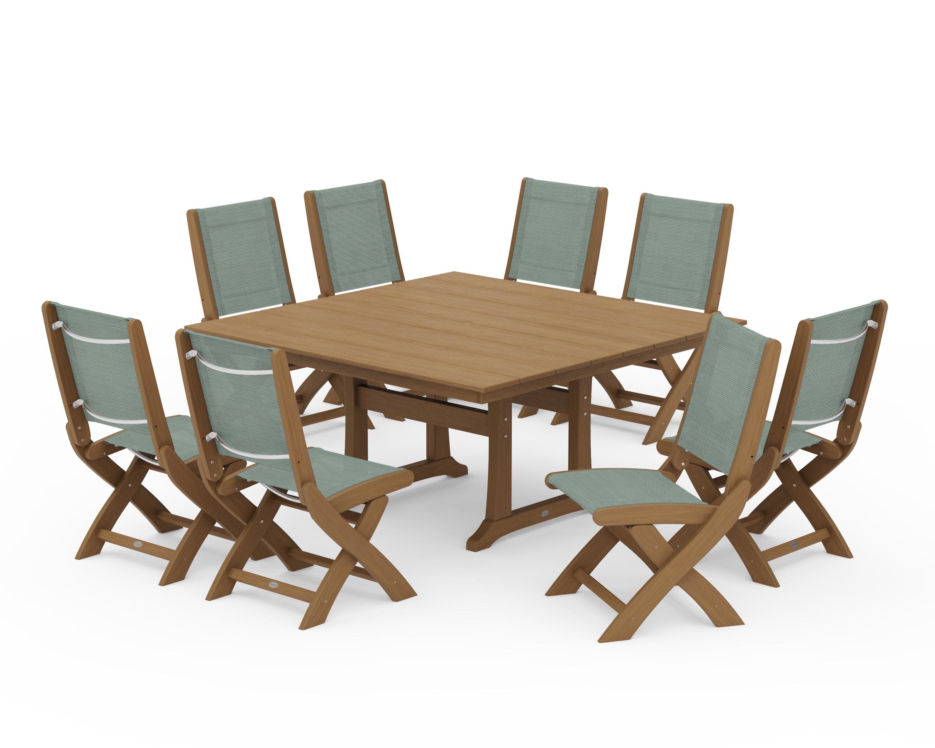 Coastal Folding Side Chair 9-Piece Farmhouse Dining Set in Natural / Dupioni Sea Mist Sling