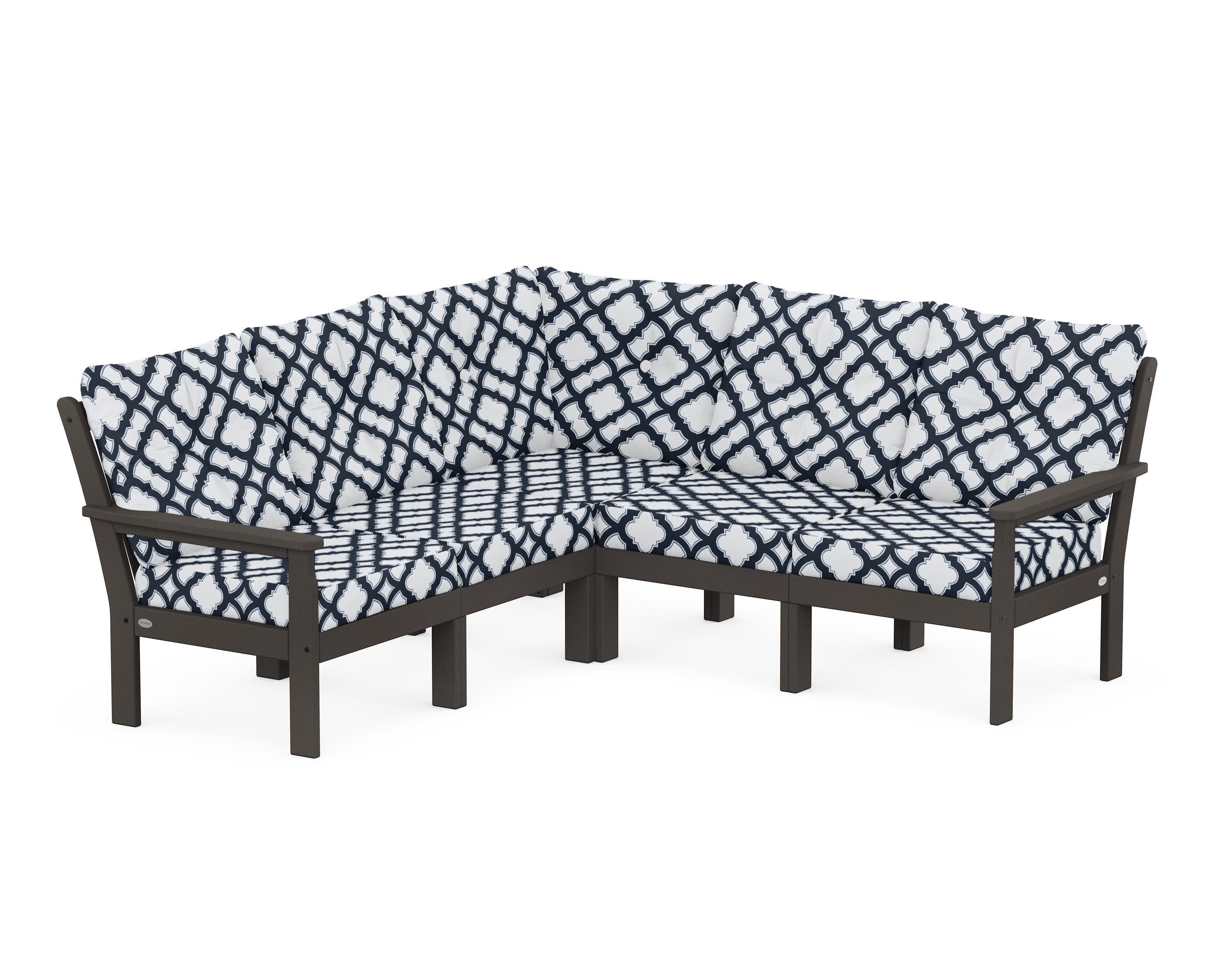 Vineyard 5-Piece Sectional in Vintage Coffee / Trellis Marine Indigo