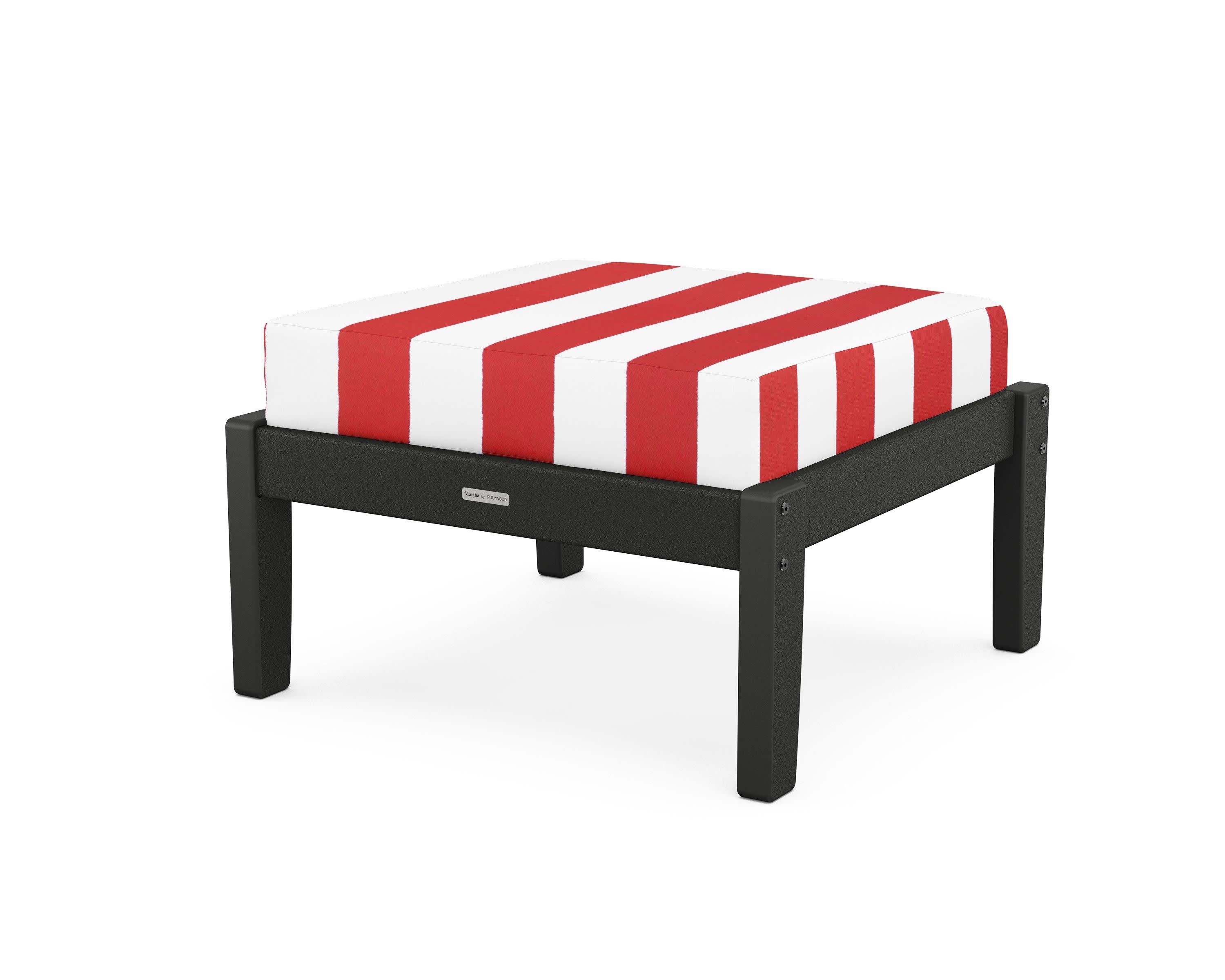 Chinoiserie Deep Seating Ottoman in Black / Cabana Stripe Crimson
