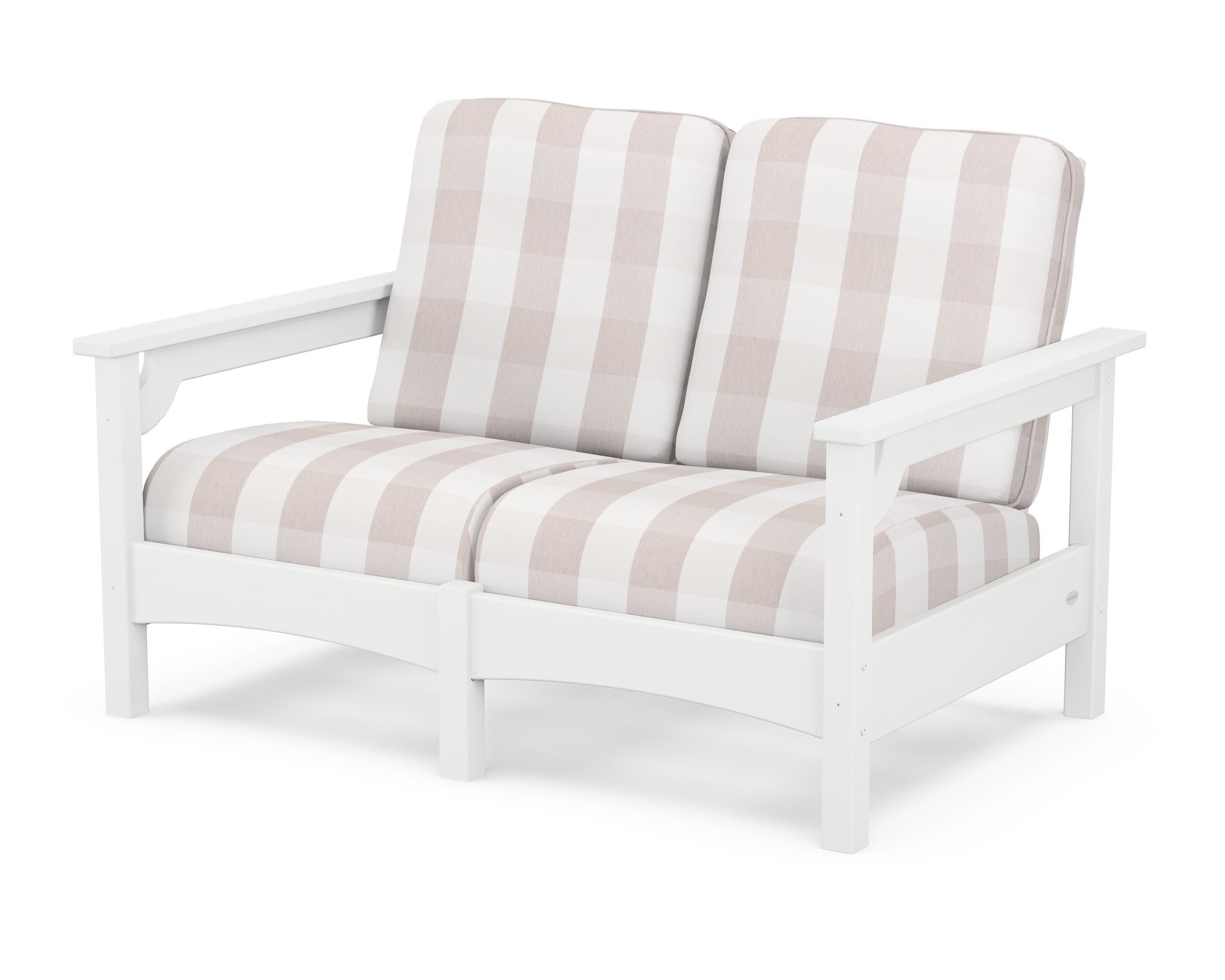 Club Loveseat in White / Buffalo Plaid Dune Burlap